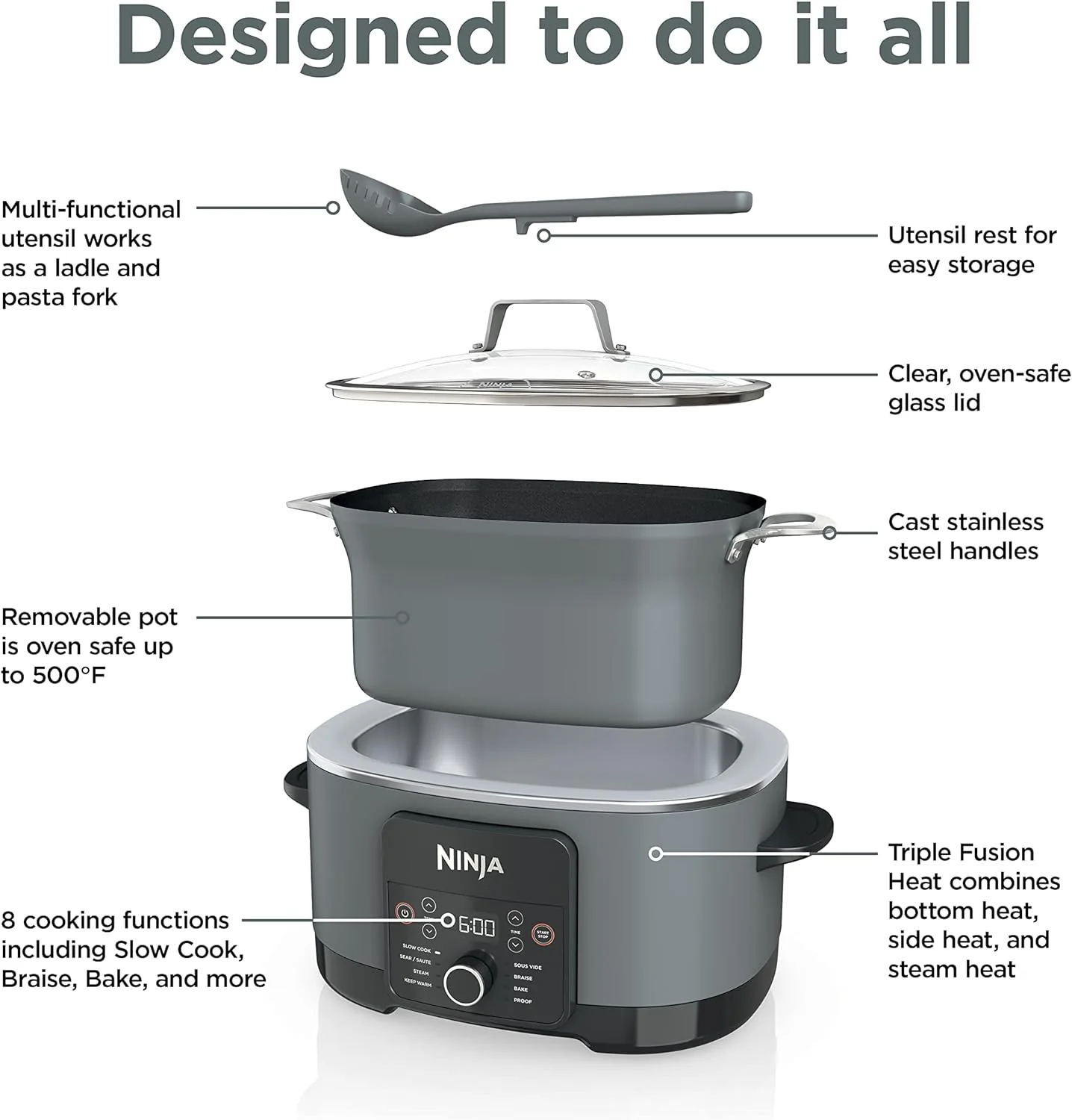 Ninja Slow Cookers 8.5-Quart Multi-Cooker with Dutch oven, steamer, glass lid with integrated spoon, nonstick and oven-safe pot
