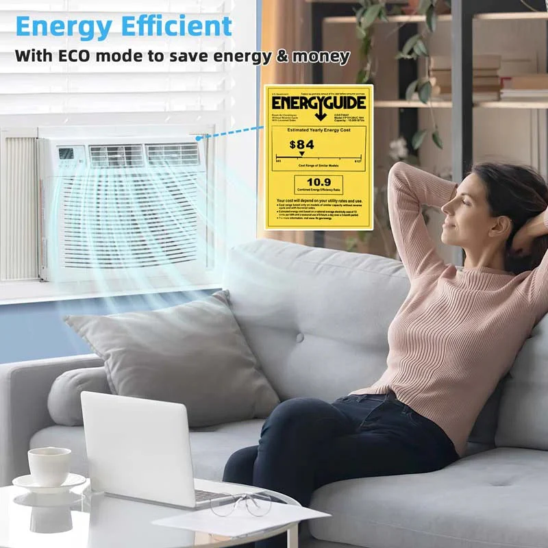 Quiet window air conditioner with 10,000 BTU, remote control, Eco mode, Energy Star certified, 3-in-1 unit with dehumidifier