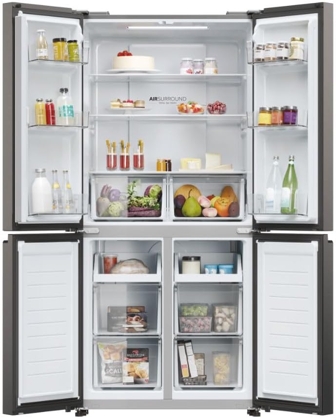 Haier Cube 83 Serie 3, Frigorifero Americano, 4 Porte, 467 Litri, Total No Frost, Air Surround Fresher Tech, Libera Installazione, Classe E, (AxLxP) 181,5x83,3x65 cm, Dark Inox- HCR3818ENMD