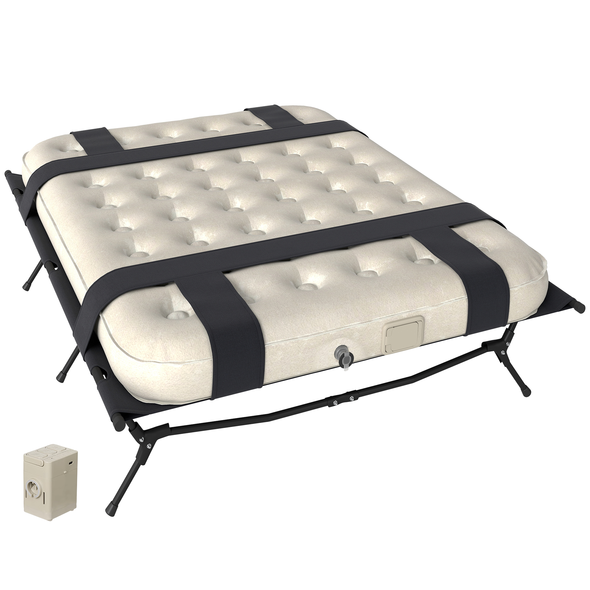 Outsunny Veldbed Kampeerbed met Luchtmatras en Pomp 200 x 153 cm Draagvermogen tot 200 kg Zwart+Khaki