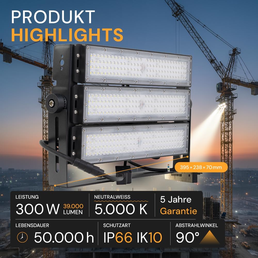 4x LED Außenstrahler 300W 5000K Neutralweiß 39000lm, IP66 Wasserdicht, IK10 Flutlicht Strahler für Stadionbeleuchtung Baustelle Sportplatz, robuste Industrieleuchte für außen