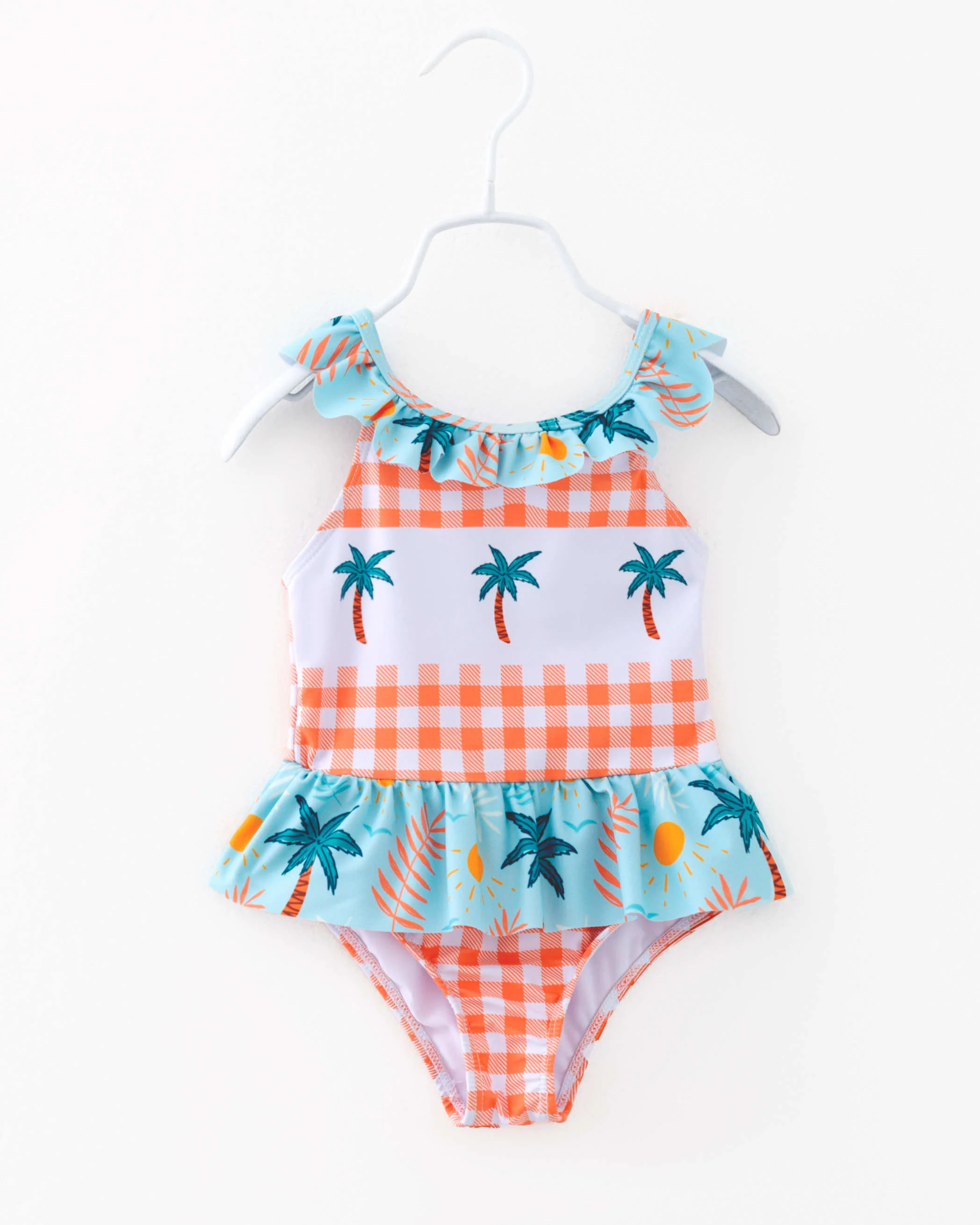 Girl Plaid Tropical Coconut Palm Ruffle One Piece Swimsuit