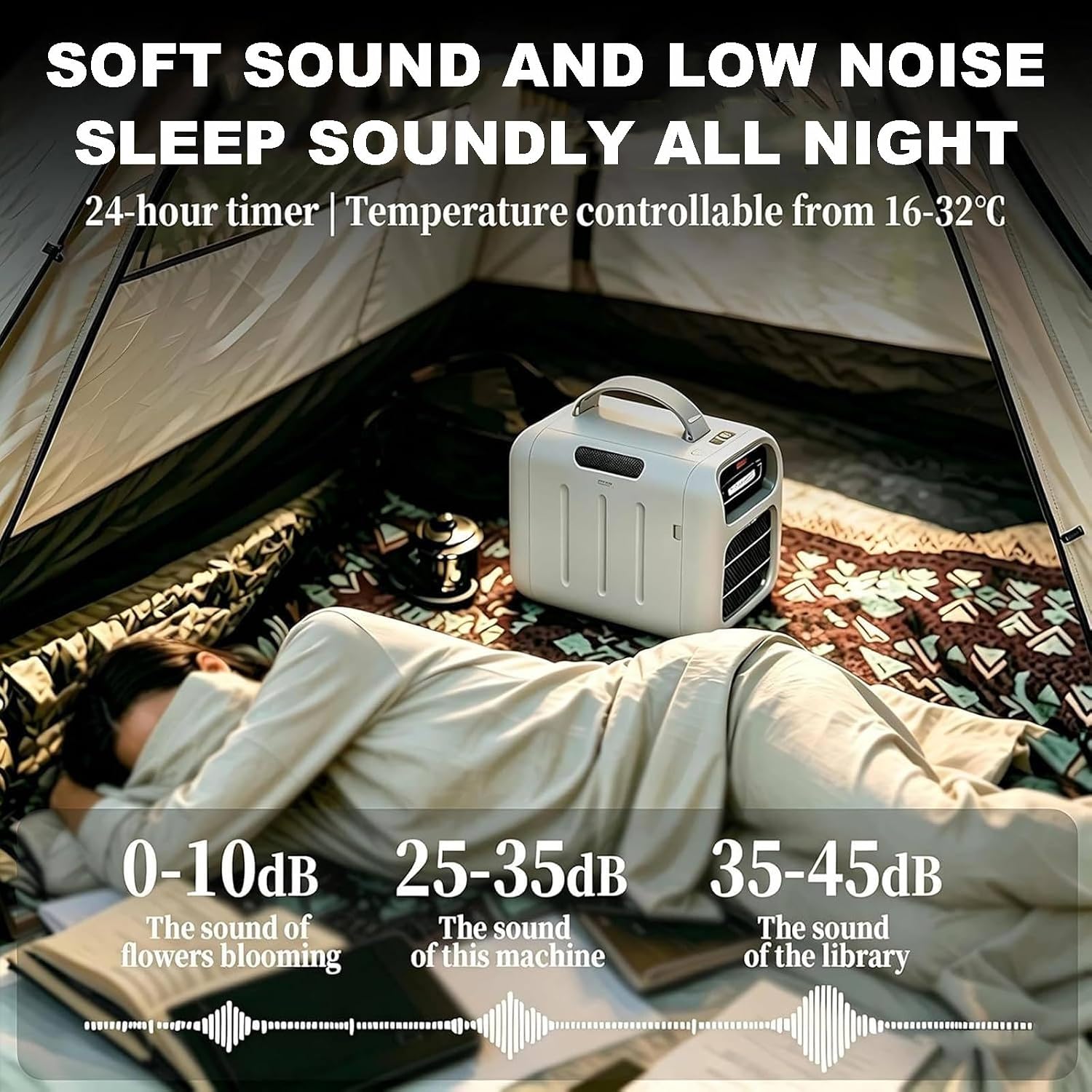 Tragbare Klimaanlage, Camping Klimagerät mit Heizfunktion, Geringer Energieverbrauch, 8-10㎡ Kühlfläche, Einstellbare Temperatur, für Zelt Camper Van cool AC110V