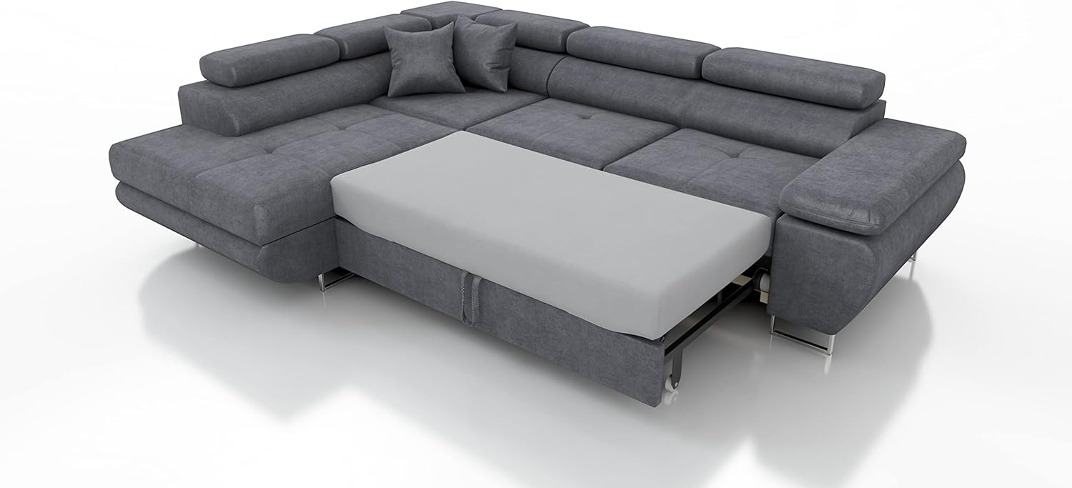 Robin Inspire Saturn Premium Kingston Divano ad angolo con funzione di letto con cassetto per la biancheria e cuscini e Poggiatesta regolabili angolo a sinistra grigio scuro 272 x 200 x 73/90