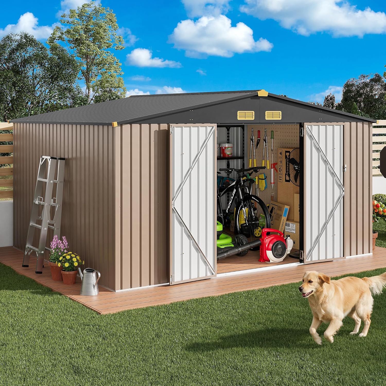 IRONCK 10x12FT Outdoor Storage Shed  Metal Garden Tool Shed with Breathable Vent and Lockable Doors  Outside Storage for Backyard  Poolside  Patio  Brown