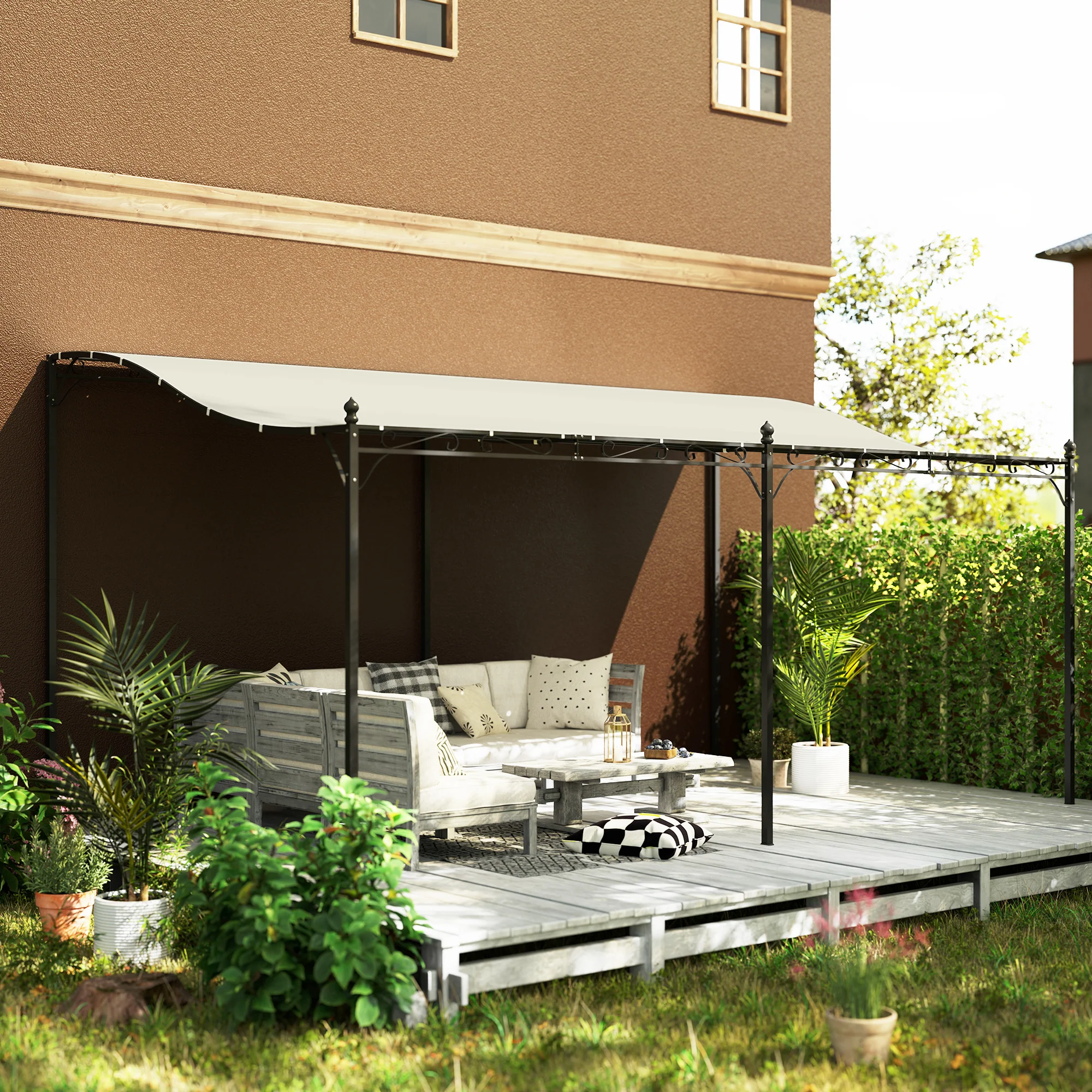 Outsunny 3 x 5 m Pergola, Flexibel Tuindak met Waterdichte Zeil en Metalen Frame, Schaduwplek, Crèmewit