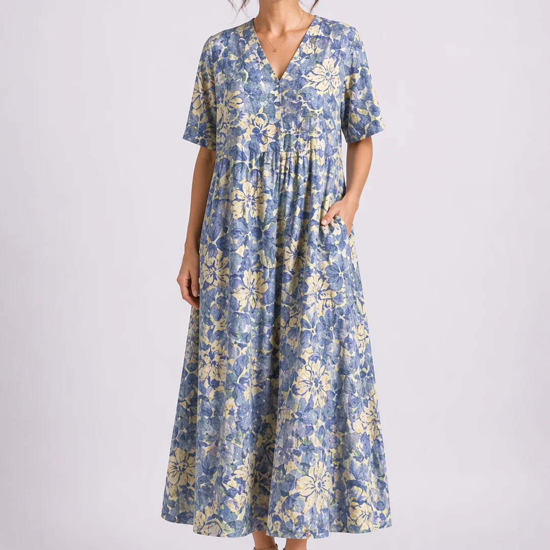 Womena??s Floral Midi Dress V-Neck Short Sleeve Design