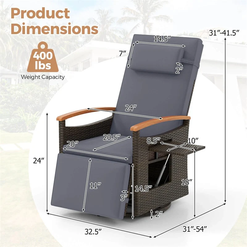 Outdoor Rattan 360° Swivel Recliner Chair, Patio Wicker Chaise Lounge Chair with Adjustable Backrest & Footrest, Flip Side Table & Cushions
