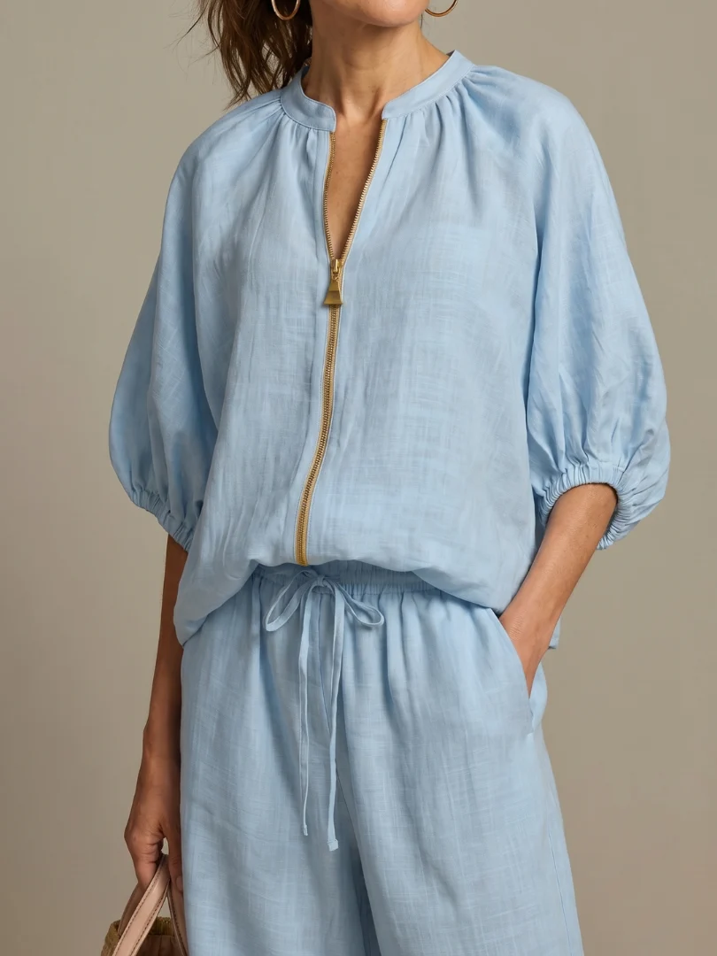 Women��s Two-Piece Zip Front Blouson Top and Wide Leg Trousers Set