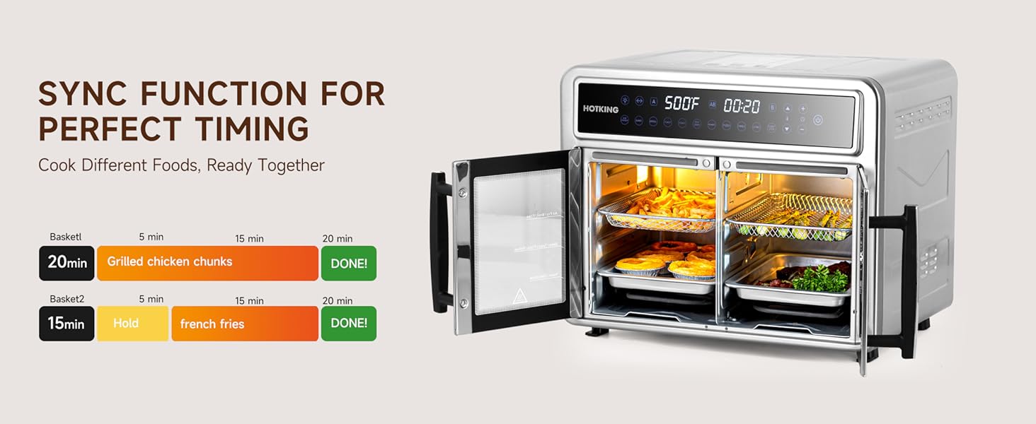 SYNC FUNCTION，Cook two different foods in separate zones and have them ready together, fresh and hot