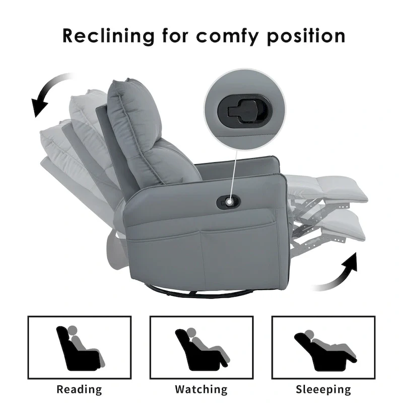 Blue-Gray PU Leather Swivel Glider Rocker Recliner with Pockets, Backrest