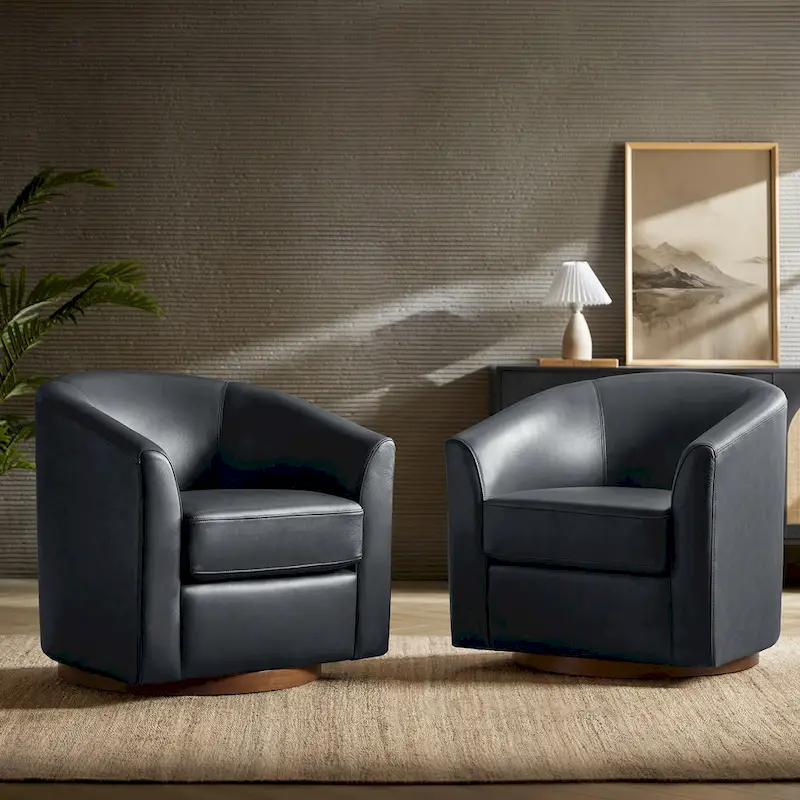 Althea Modern Genuine Leather Swivel Barrel Chair with Solid Wood Base Set of 2 By HULALA HOME