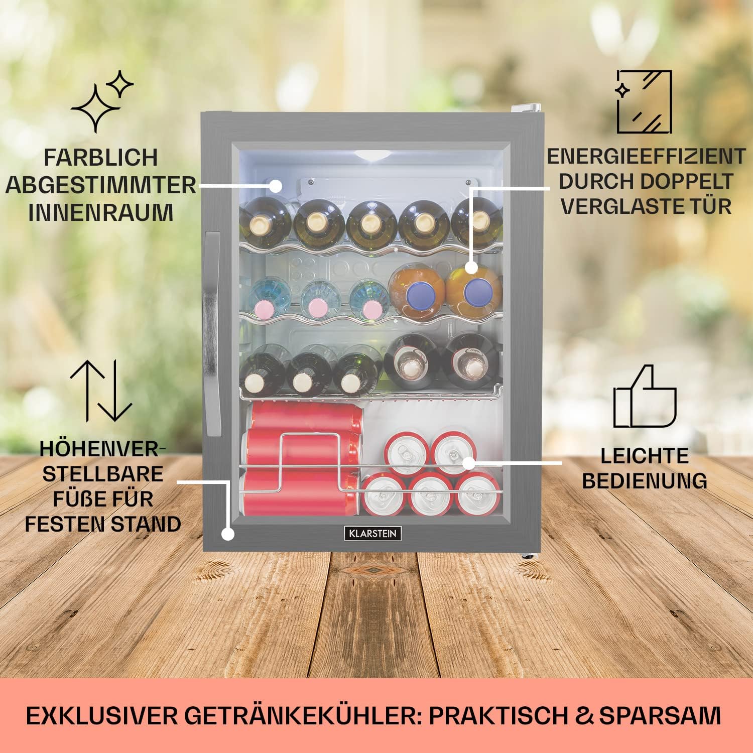 Klarstein Mini Koelkast met Glazen Deur voor Kamer, Drankenkoelkast met Verstelbare Planken, Klein 80 Liter, Indoor/Outdoor Koelkast Stil