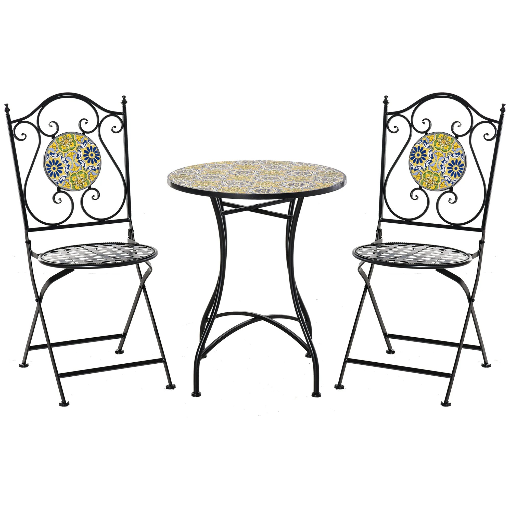 Easycomfort Set Tavolo e Sedie da Balcone 3 Pezzi, Set da Giardino Pieghevoli in Metallo con Maioliche Colorate, Multicolore