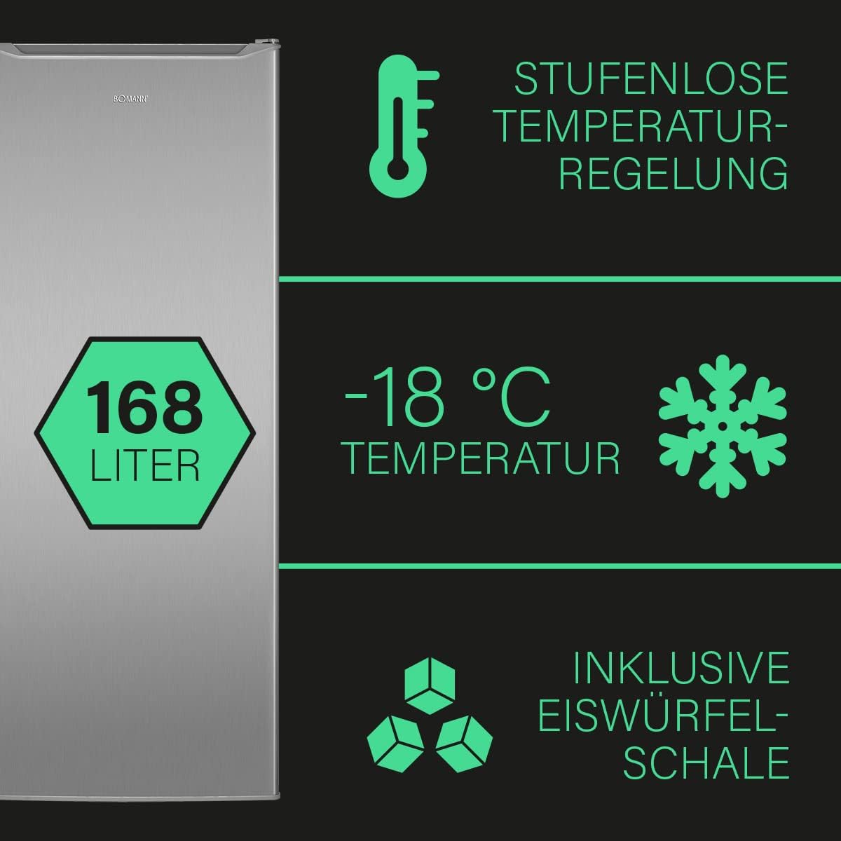 Bomann Gefrierschrank | Tiefkühlschrank | Freezer | Nutzinhalt 168 Liter | wechselbarer Türanschlag | 4 Sterne Gefrierraum | GS 7340 inox
