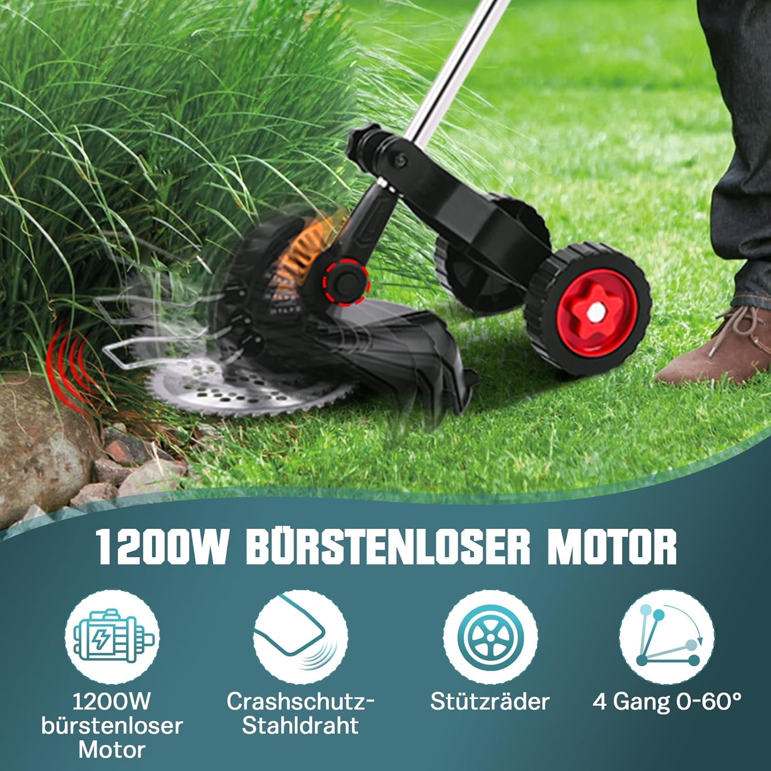 1200W Akku Rasentrimmer Kompatibel mit Makita-Akkus, 5-IN-1 Bürstenloser Elektrische Motorsense mit 3-Stufen-Geschwindigkeitsregelung, Freischneider Akku mit 5 Klingentypen und Unkrautbürste