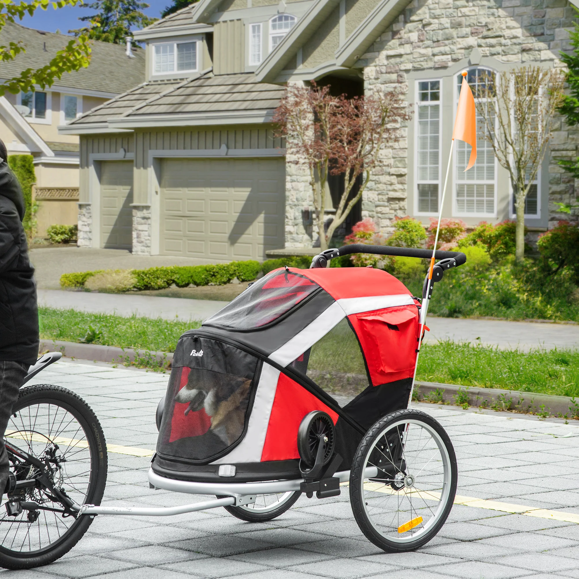 Easycomfort Rimorchio Bici per Cani sotto i 30kg con Porta Anteriore e Posteriore, Finestre a Rete e Tetto Apribile, 150x82x98-108cm