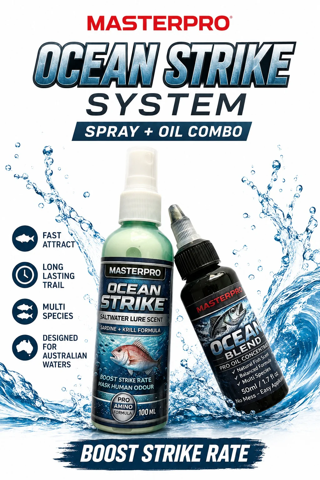 MASTERPRO Ocean Strike System Spray + Oil Combo Saltwater Lure Scent Fishing Attractant Australian Waters