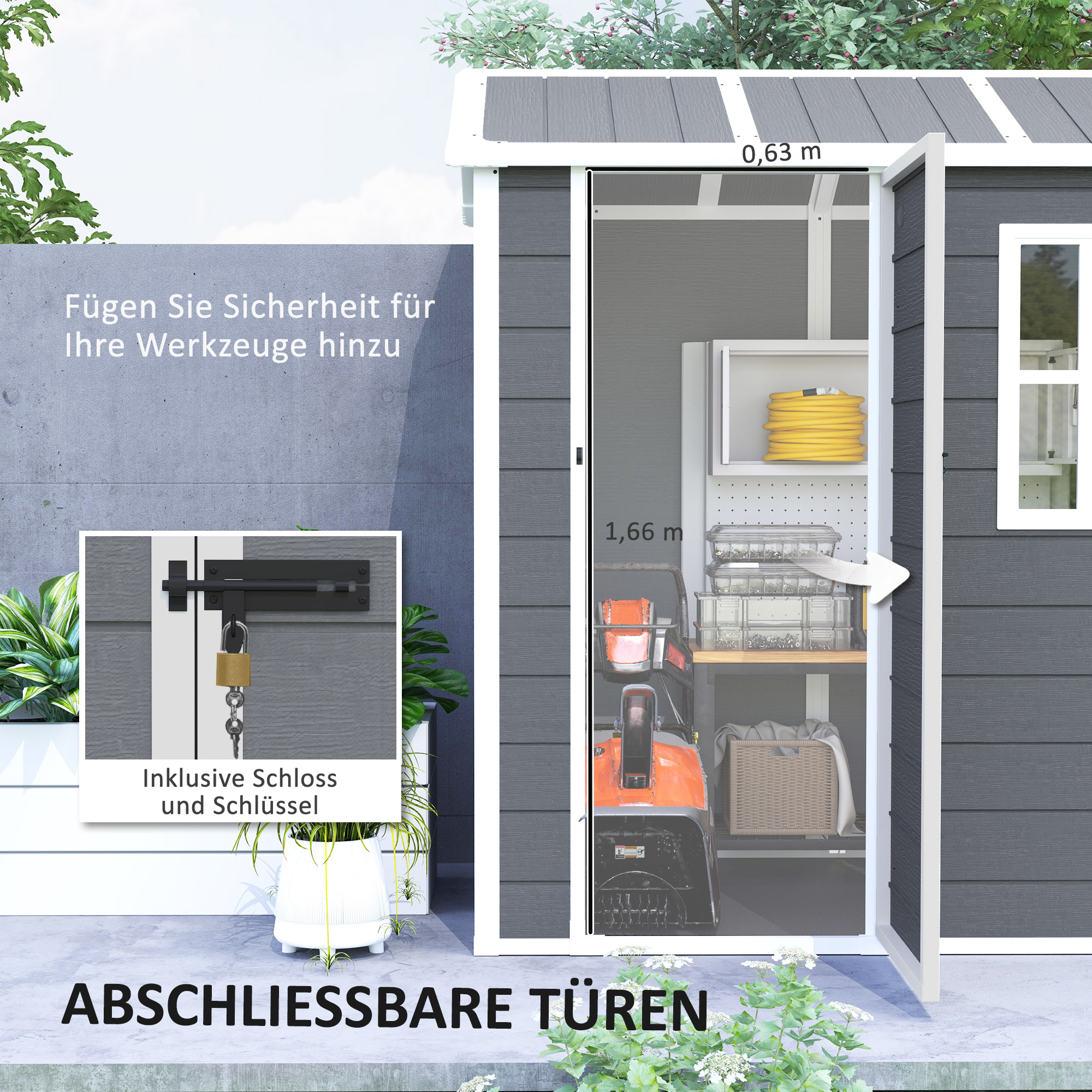 Outsunny Tuinhuis, Gereedschapsschuur met Bodem, Raam, Afsluitbare Deur, Kunststof-Harz, Weerbestendig, Grijs