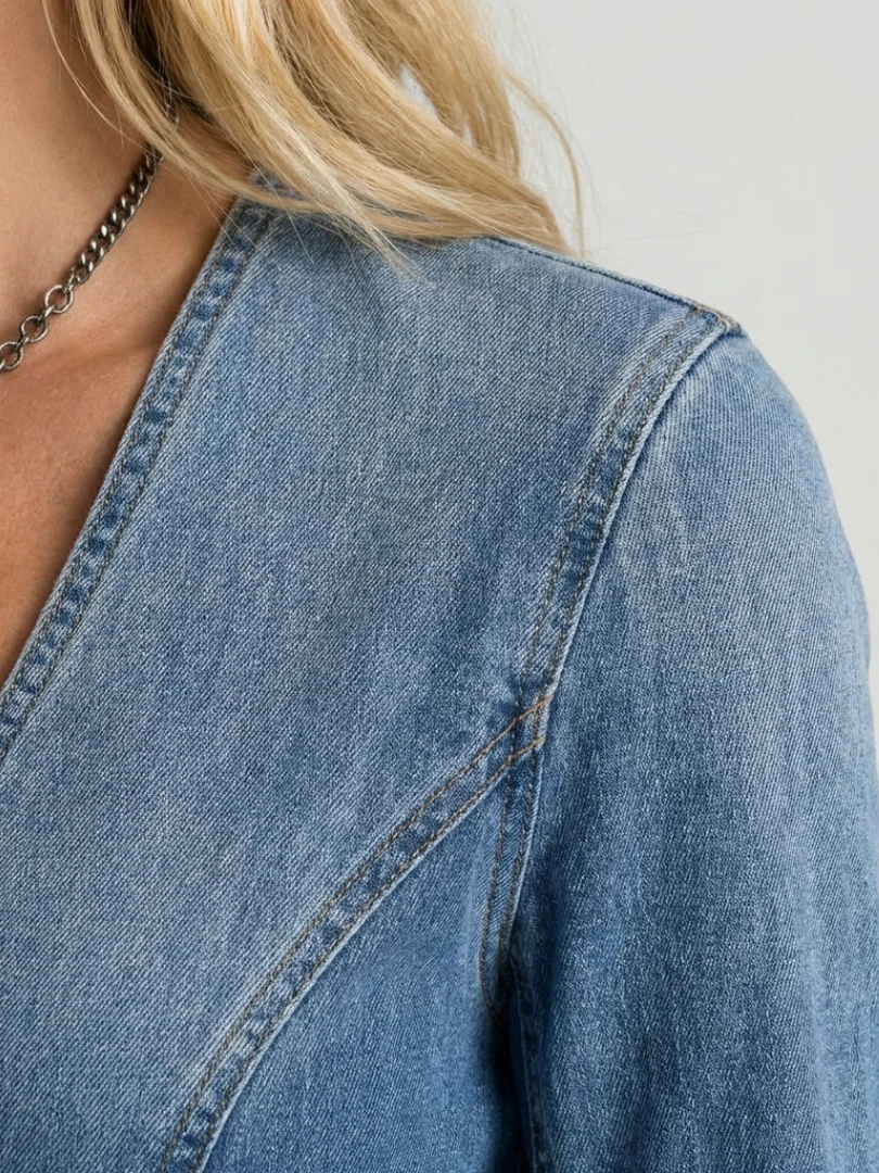 Women��s Denim Maxi Dress Button Front with Deep V Neckline