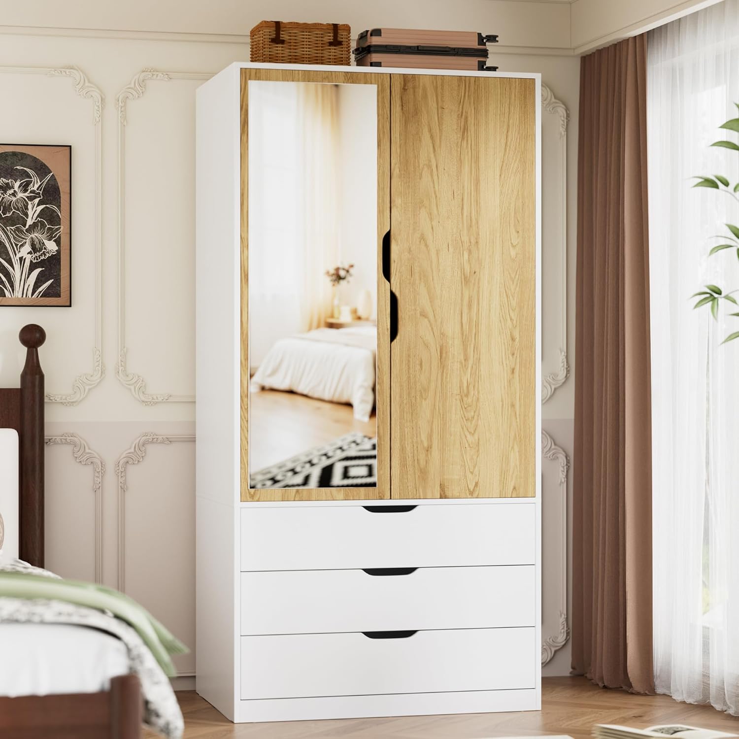 MSFE Armoire Chambre Penderie avec 2 Portes, Armoire Dressing Blanc avec Miroir, LED et 3 Tiroirs, Armoires de Rangement Bois pour Adulte Enfant, Garde-Robe Moderne 80 x 180 x 50 cm (L/H/P)