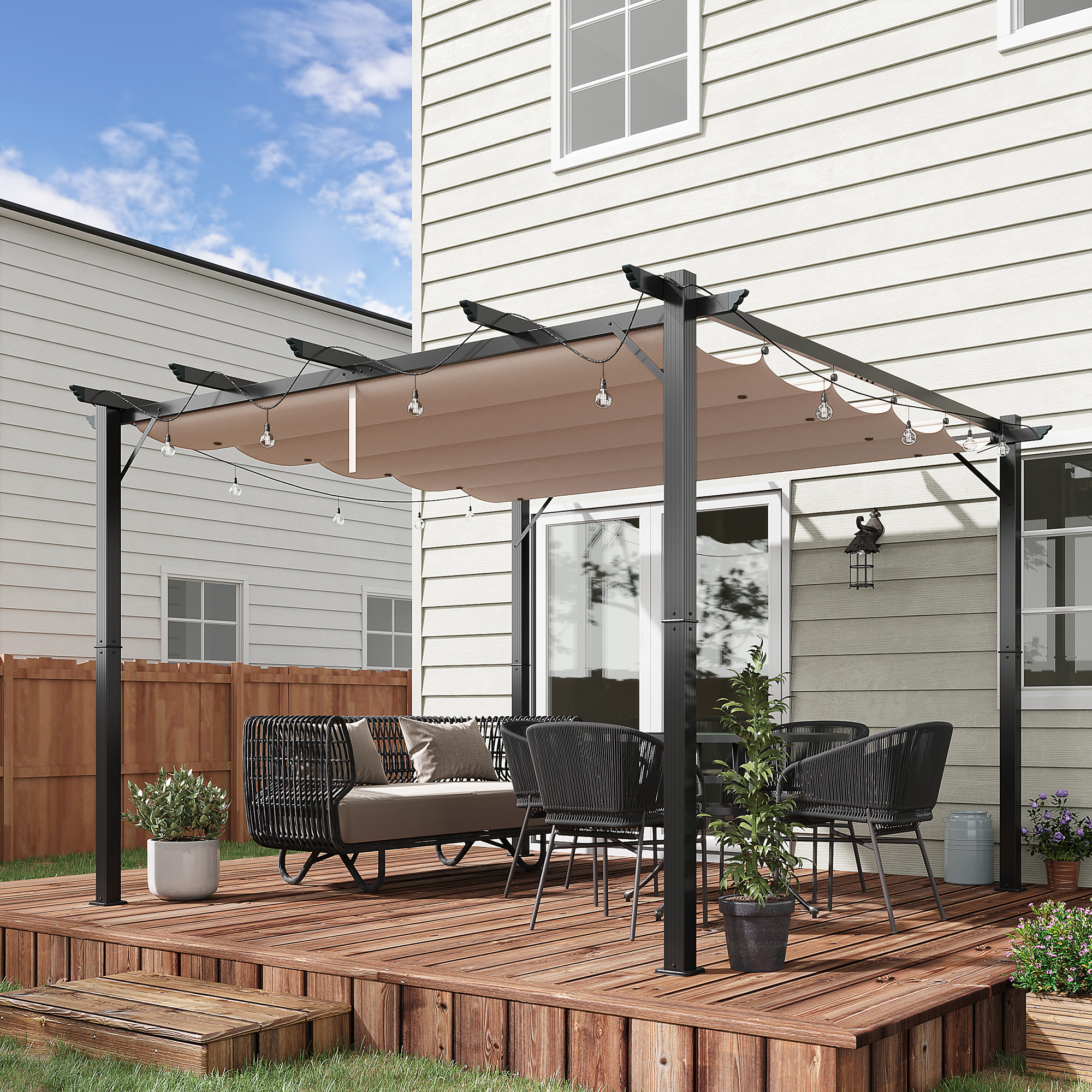 Outsunny Pergola met schuifdak paviljoen terrasoverkapping tuin aluminium 3 x 3 m bruin
