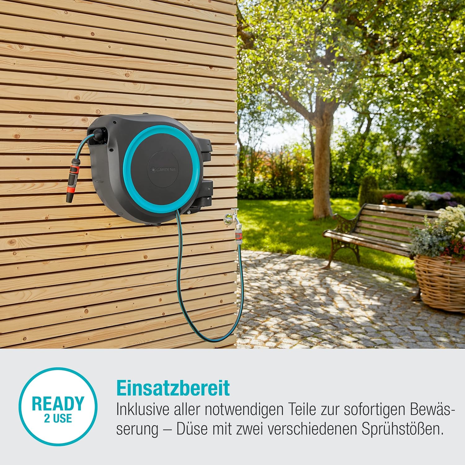 Gardena Wand-Schlauchbox RollUp XL (türkis) 35 m: flexible Bewässerung für große Gärten, Schwenkbare Schlauchbox, inkl. 35 m Gardena Qualitätsschlauch und Montagehilfe (18630-20)