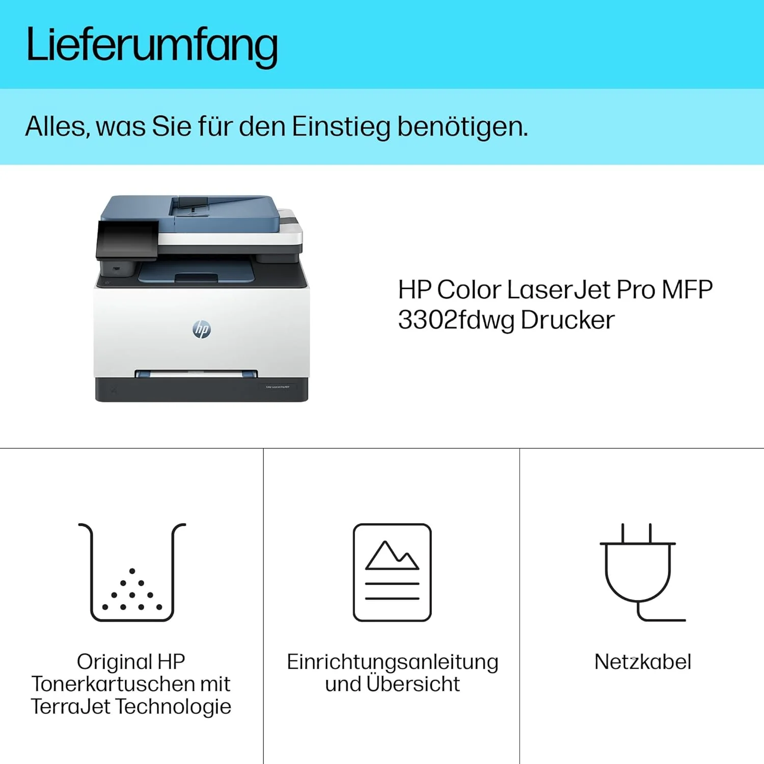 Stampante laser multifunzione a colori HP Color LaserJet Pro MFP 3302fdwg, Fax, Stampa automatica fronte/retro, Touchscreen, Wi-Fi, Ethernet, USB, HP Wolf Pro Security