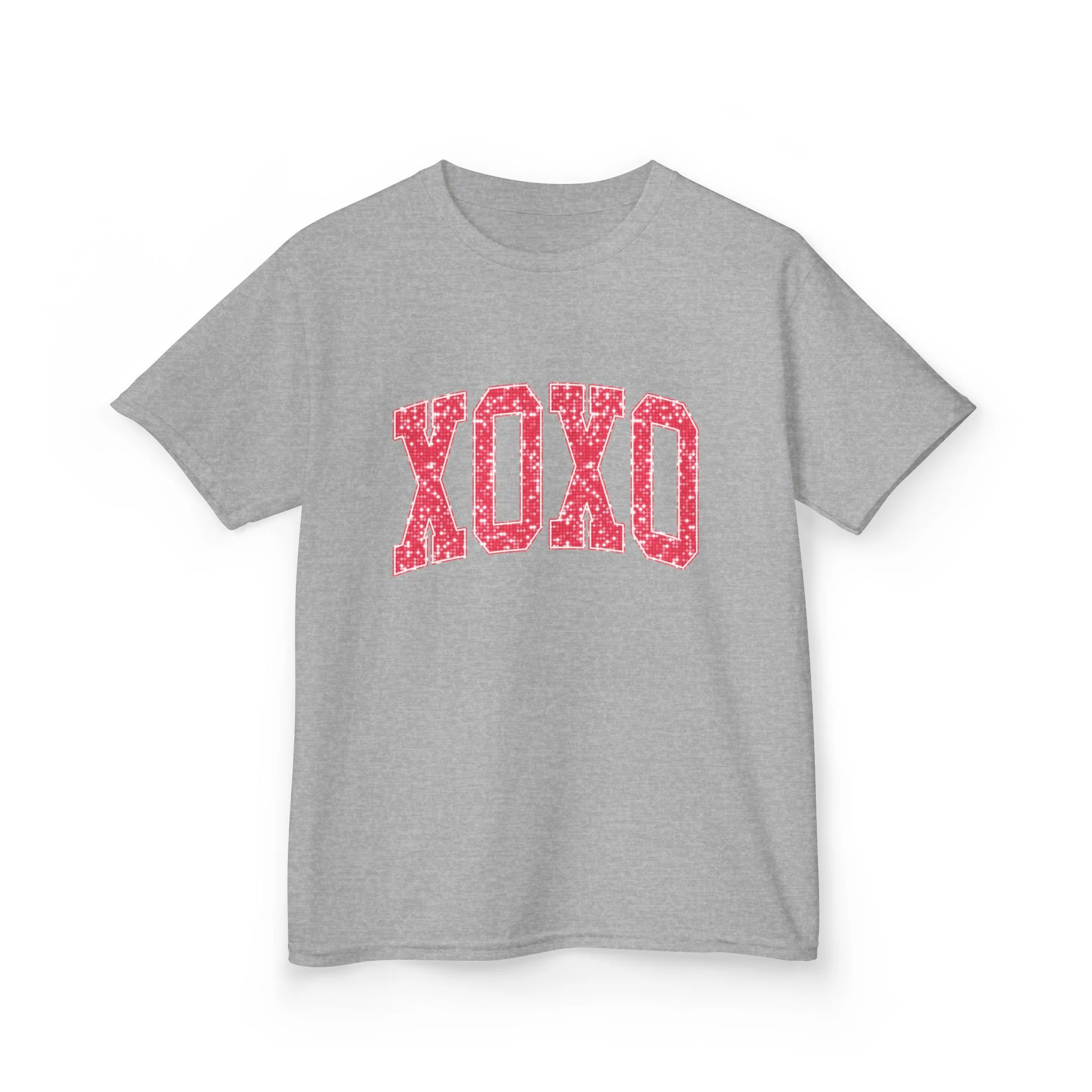 XOXO Kids Tee, Valentine Heart Pattern, Pink Lettering