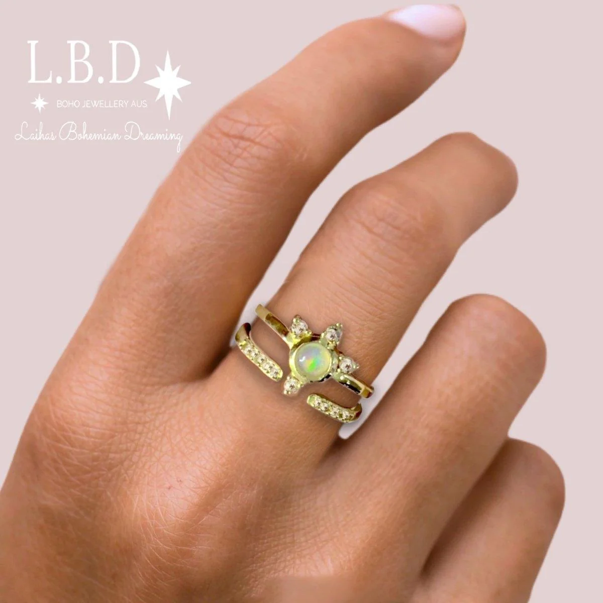 Luxury Solar Burst Genuine Opal & Topaz Gold Ring Set