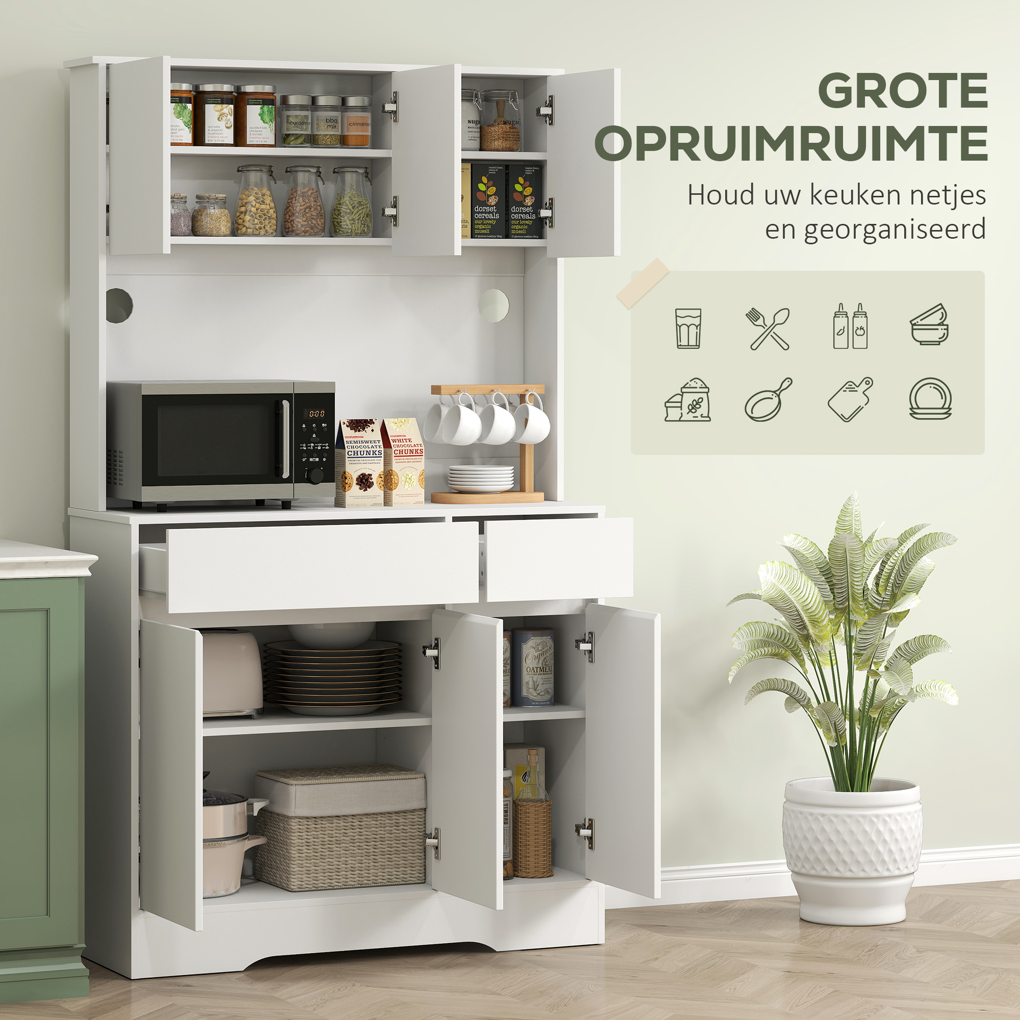 HOMCOM Keukenkast met Open Werkblad, 6 Kastdeuren, 2 Laden, Verstelbare Planken, Kabelgaten, Spaanplaat, Wit