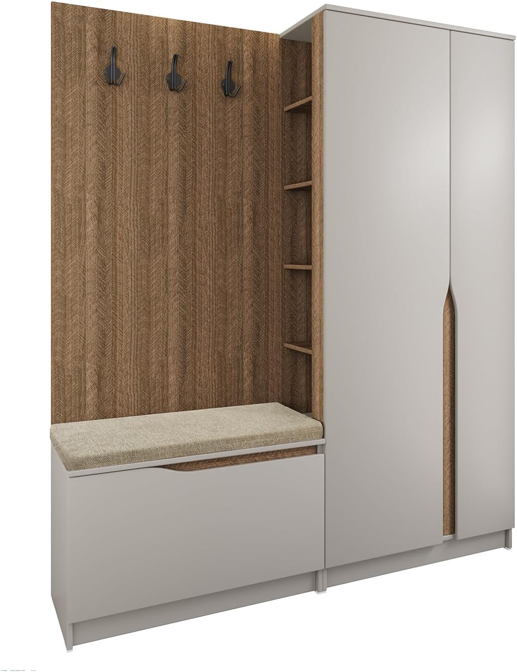 Mobile ingresso Moderno Composto da 3 Ganci Appendiabiti a Vista 2 Ante Battenti Scarpiera a Ribalta Seduta con Cuscino e 5 Vani a Giorno Laterali Arredamento Ingresso 160x188 cm II26