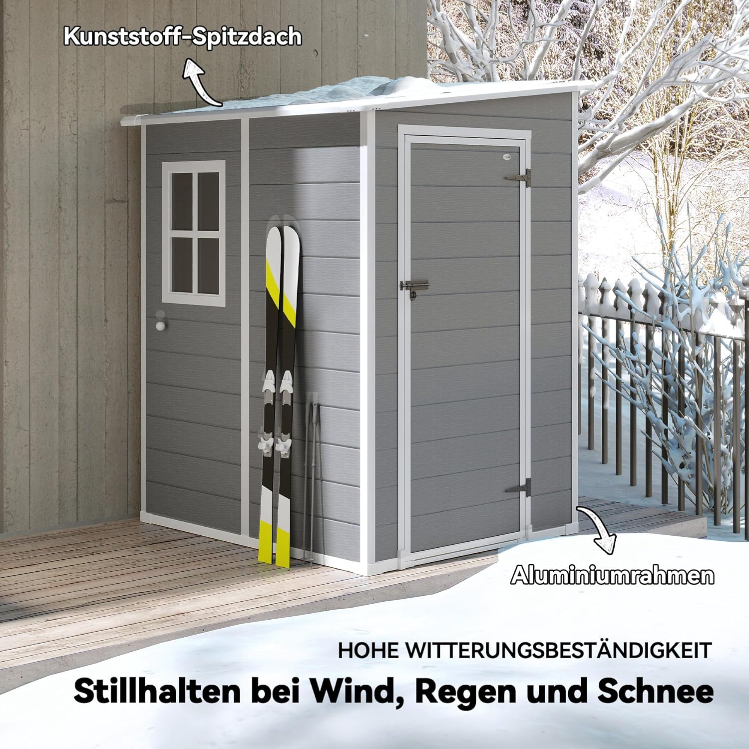 Outsunny Gerätehaus 1,54m³, Gartenhaus mit Pultdach, Boden 122 x 149 x 192/177 cm, wetterfest Geräteschuppen mit Abschließbar Tür, Fenster, Gartenschrank aus Kunststoff, für Hinterhof, Garten, Grau