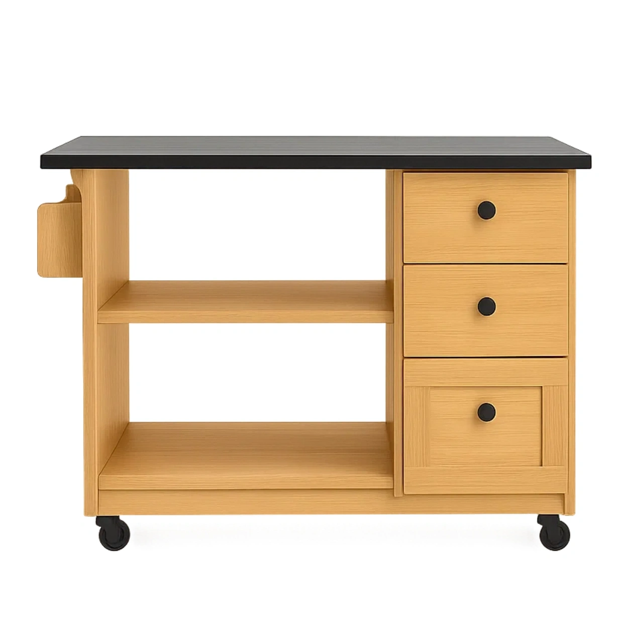 Rektangulr kkken med hylder og skuffer, naturlig trfinish, med hjul, 120x60x90 cm, til hjemmekkkener. - zydIcYLoR87O