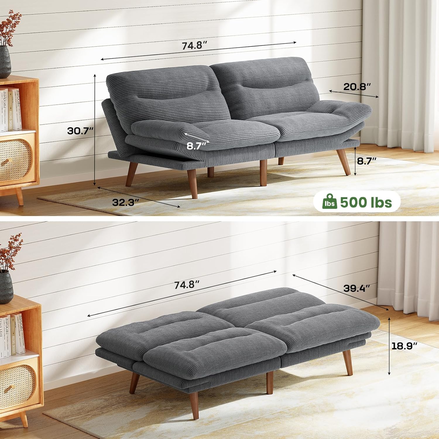 Futon Sofa Bed Futon Sofa with Adjustable Back and Armrests Converts to Small Sleeper Sofa Bed