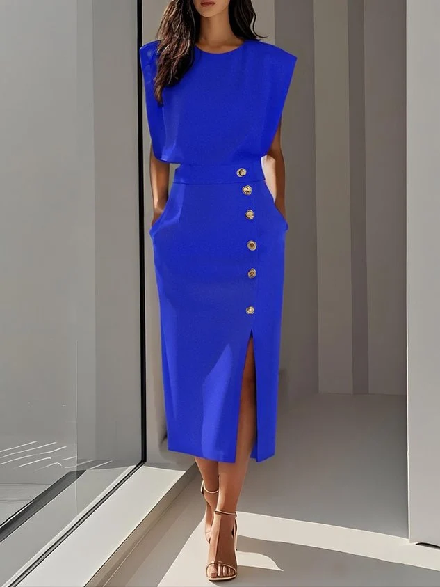 Women��s Midi Dress Sleeveless Button Front Elegant Style