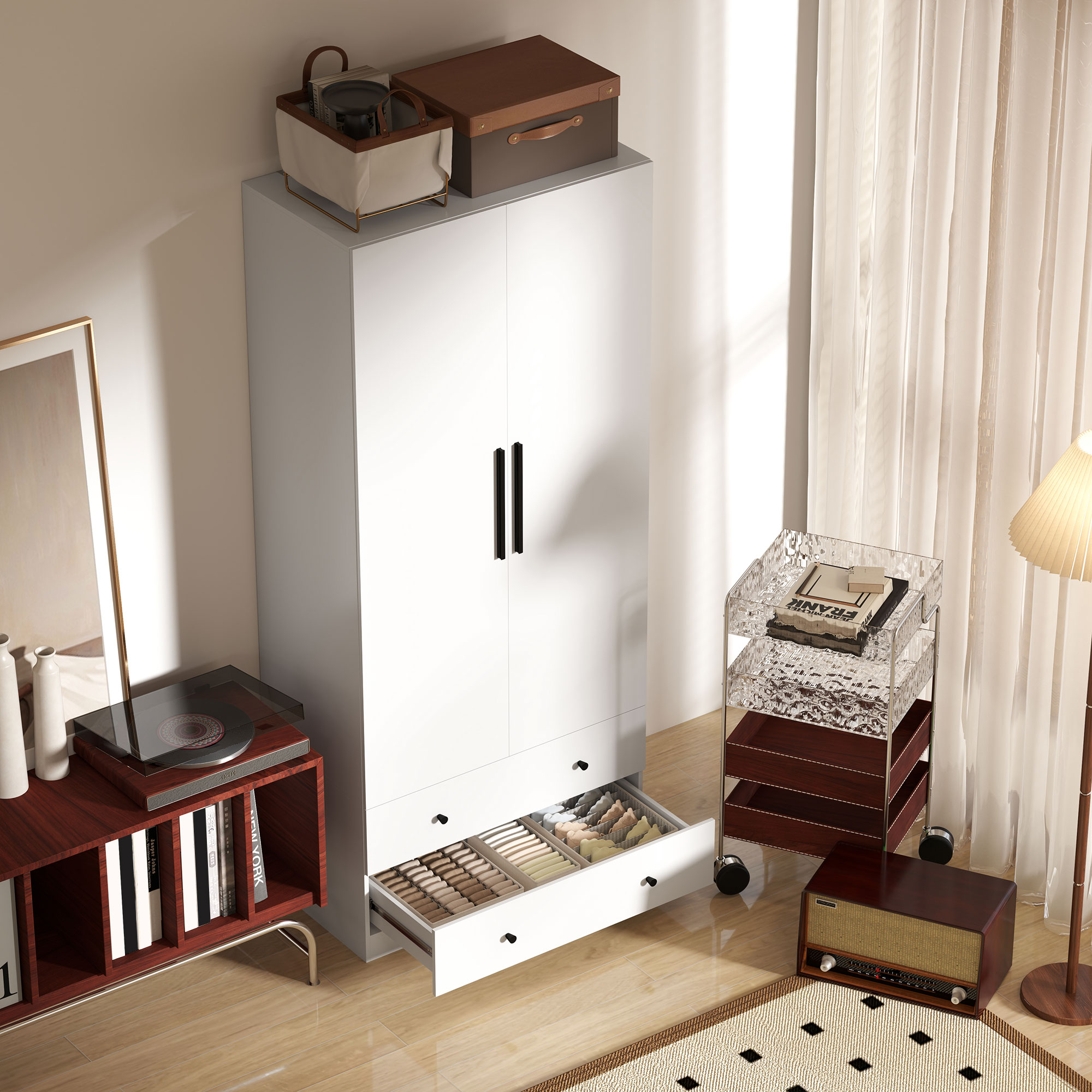 HOMCOM Garderobekast, 2-Deurs, Hangruimte, Kledingstang, 2 Laden, Spaanplaat, Wit