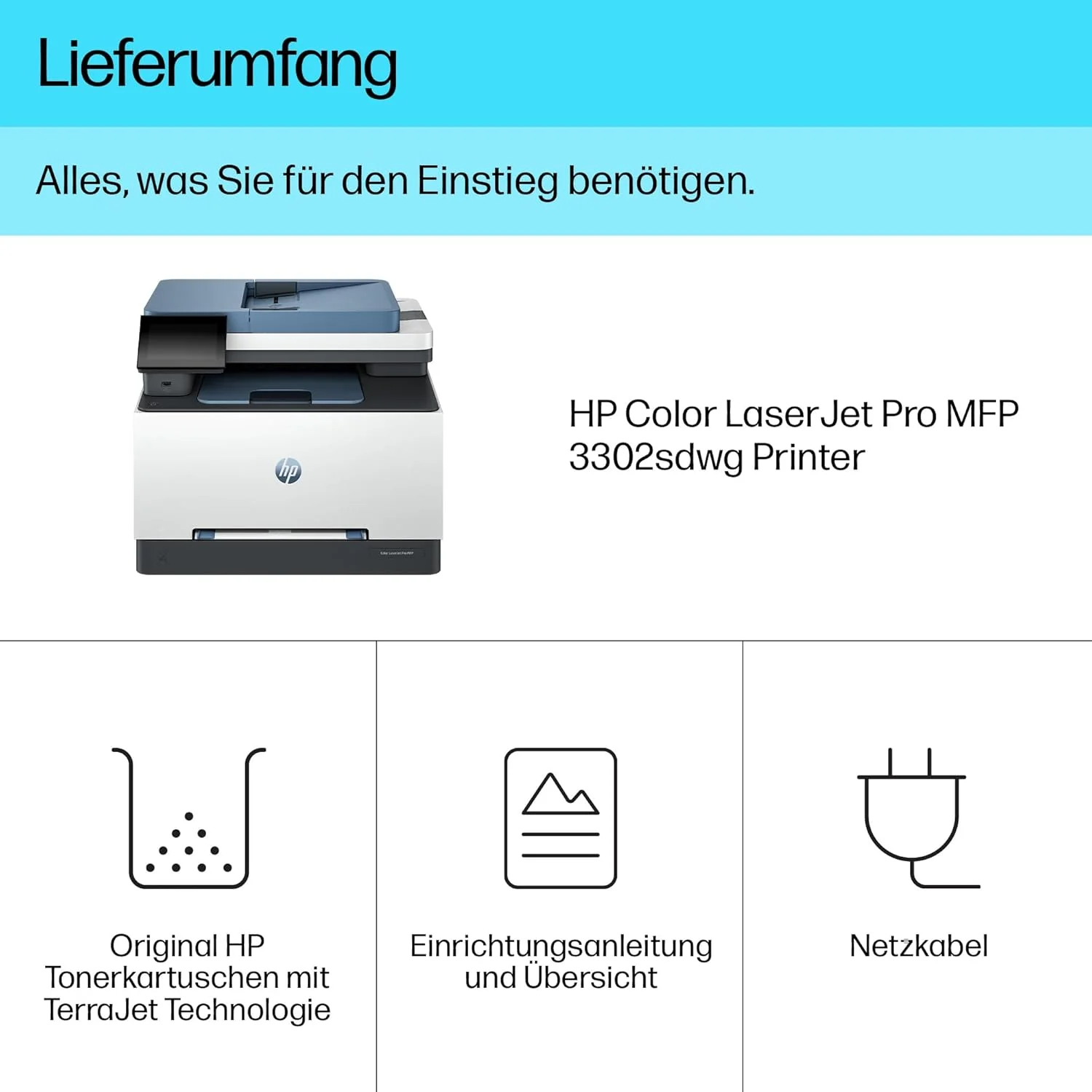 Stampante laser multifunzione a colori HP Color LaserJet Pro MFP 3302fdwg, Fax, Stampa automatica fronte/retro, Touchscreen, Wi-Fi, Ethernet, USB, HP Wolf Pro Security