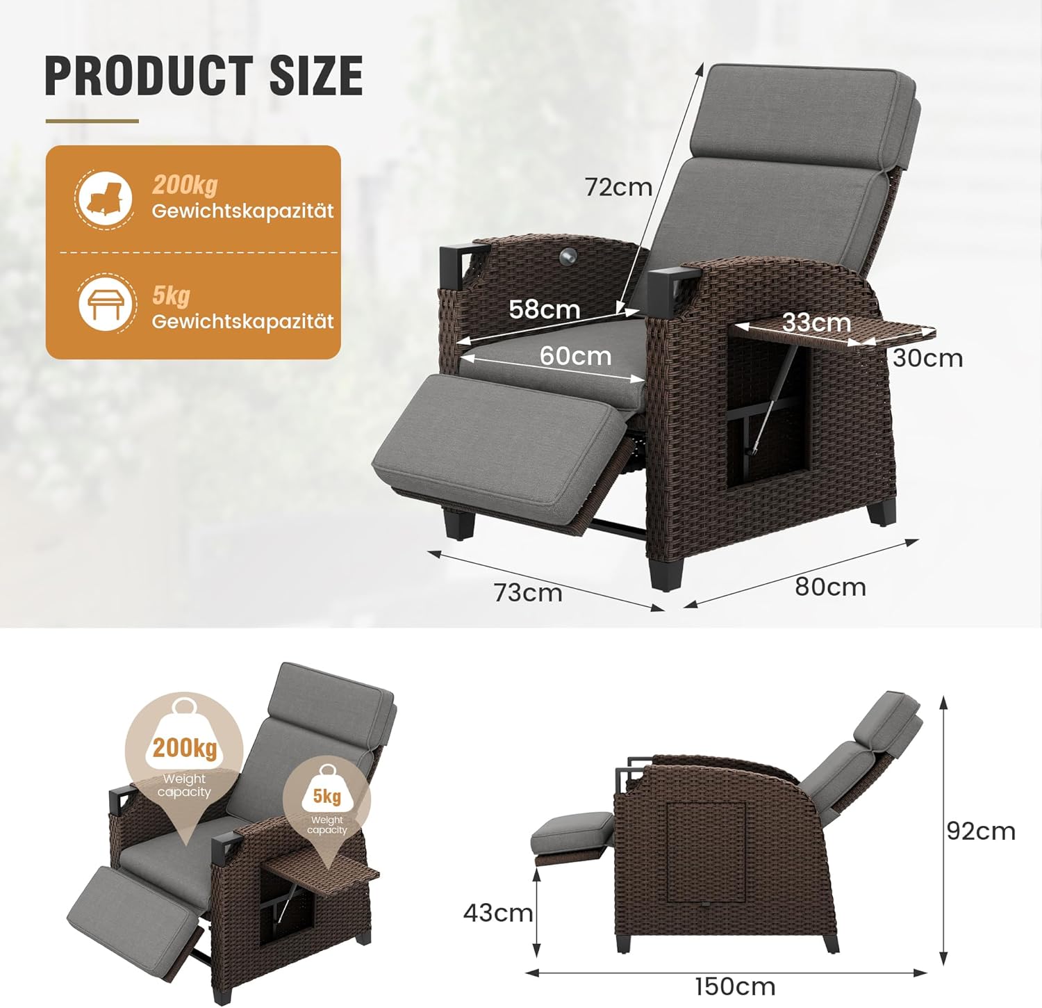 Amopatio Relaxliege Liegesessel, Rattan Sonnenliege mit Verstellbar Rückenlehne und Klapptisch, Outdoor Gartensessel wetterfestes, für Terrasse, Garten, Balkon – Grau & Braun