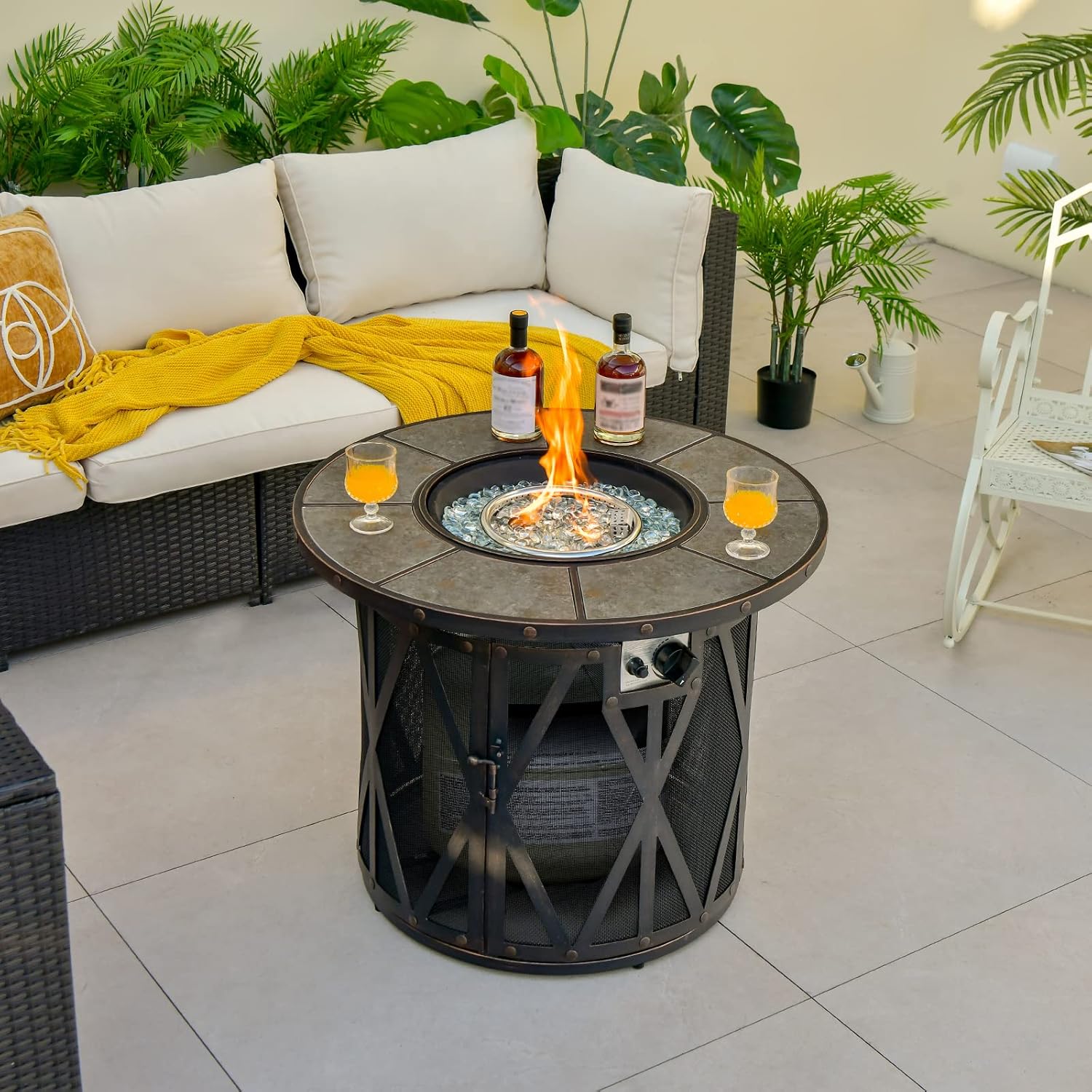 Tangkula 32 Inch Patio Round Fire Pit Table, Patiojoy 30,000 BTU Propane Gas Fire Table with Fire Glasses & PVC Cover, Ceramic Tile Tabletop, Outdoor Fire Table for Backyard, Poolside