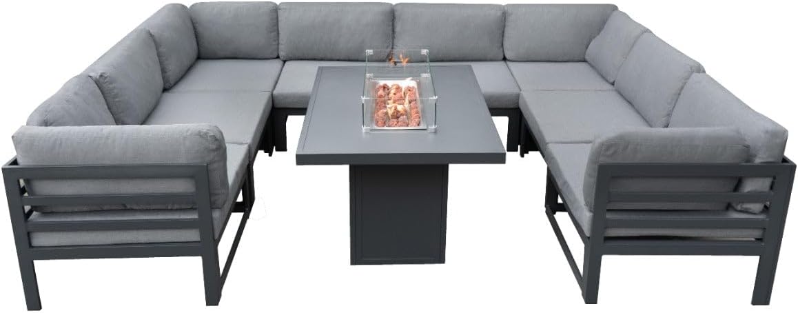 Modulares Gartenlounge-Set Groß Grau 8-Sitzer U-Form Sofa mit Kissen, Tisch & Gasfeuerstelle 9-teiliges Aluminium-Gartenmöbelset für draußen Eckset Terrasse Balkon [inkl. Wasserdichte Regenabdeckung]