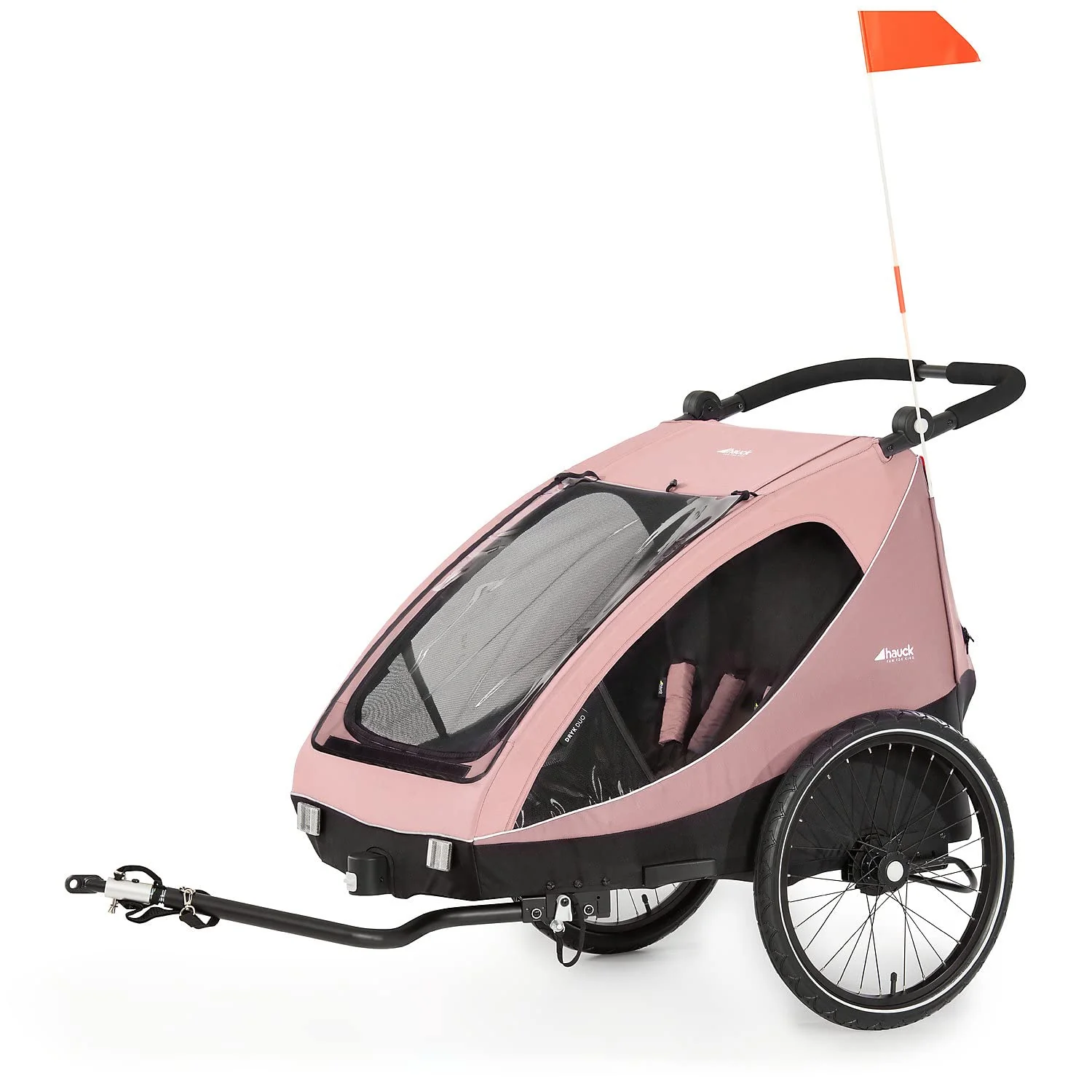 hauck Fahrradanhänger & Kinderwagen Dryk Duo Plus mit Federung, für 2 Kinder (6-48 Monate), inkl. Deichsel, Buggyrad, Fahne und LED Licht, Faltbar, Höhenverstellbar, XL Kofferaum (Dark Green)