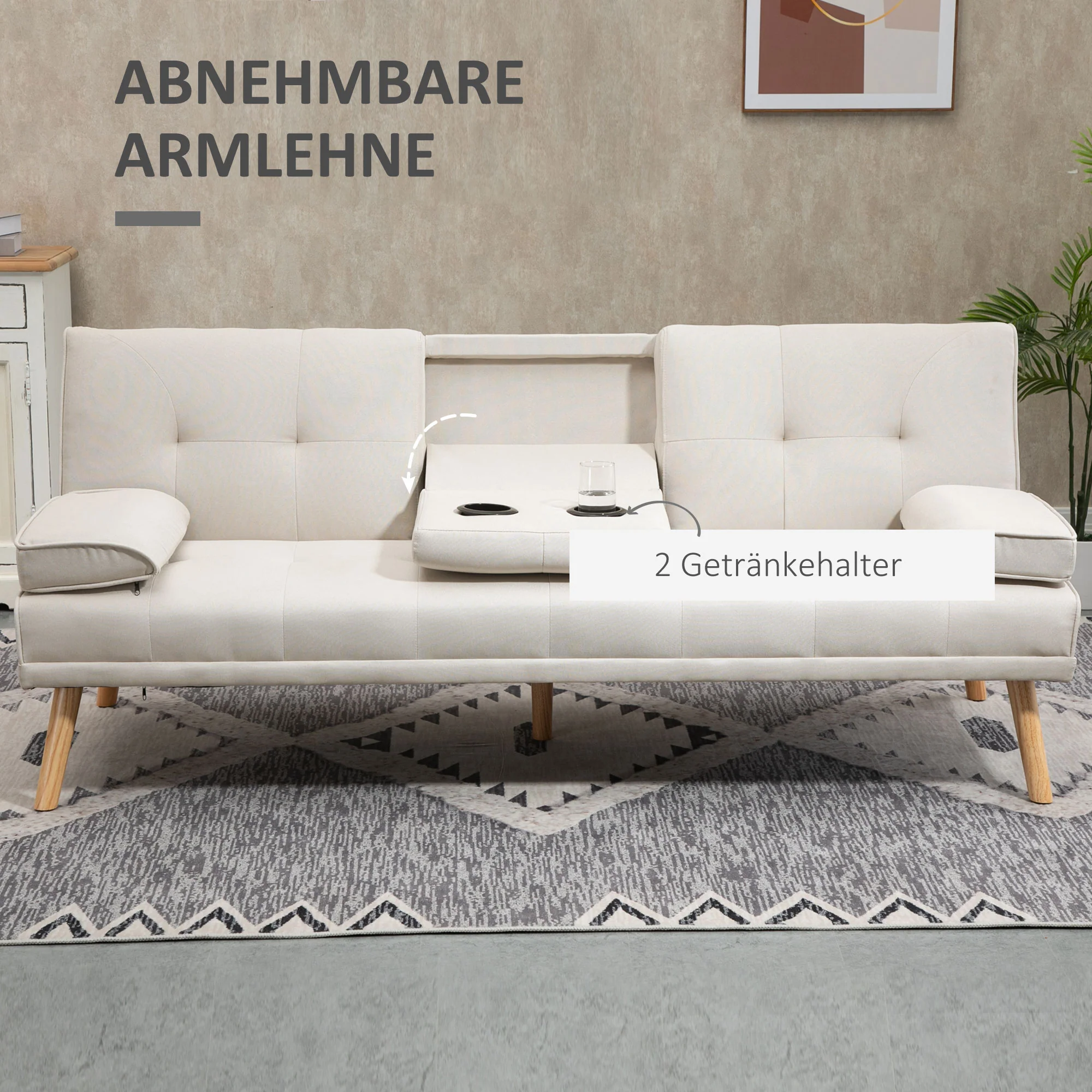 HOMCOM Slaapbank 3-zits, verstelbare rugleuning met inklaptafel, twee armkussens, linnenlook, beige, 181 x 77 x 78 cm