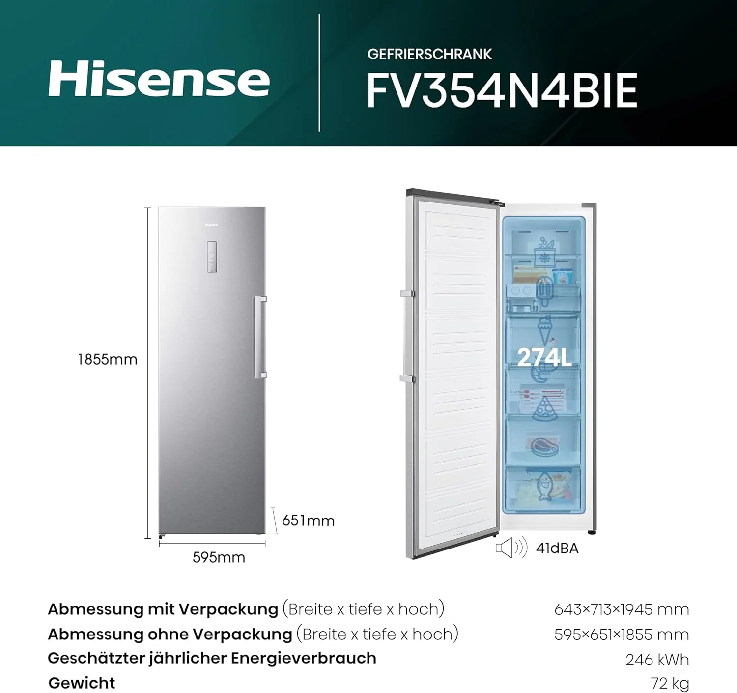 Hisense FV191N4AW2 Congelatore verticale/ Total No Frost/ Super Freeze/ Allarme porta/ Multiflow 360°/ BigBox/ 143,4 cm/ Congelatore 147 l/ 41 dB/ 205 kWh/Bianco