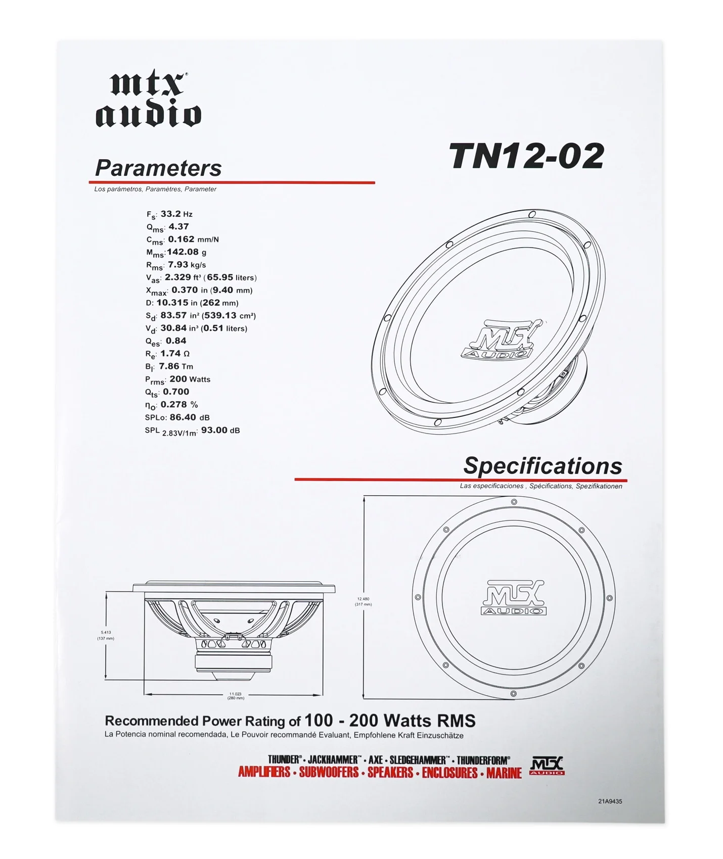 MTX Terminator TN12-02 12 inch Auto-Subwoofer, 400 Watt, met waterdichte behuizing