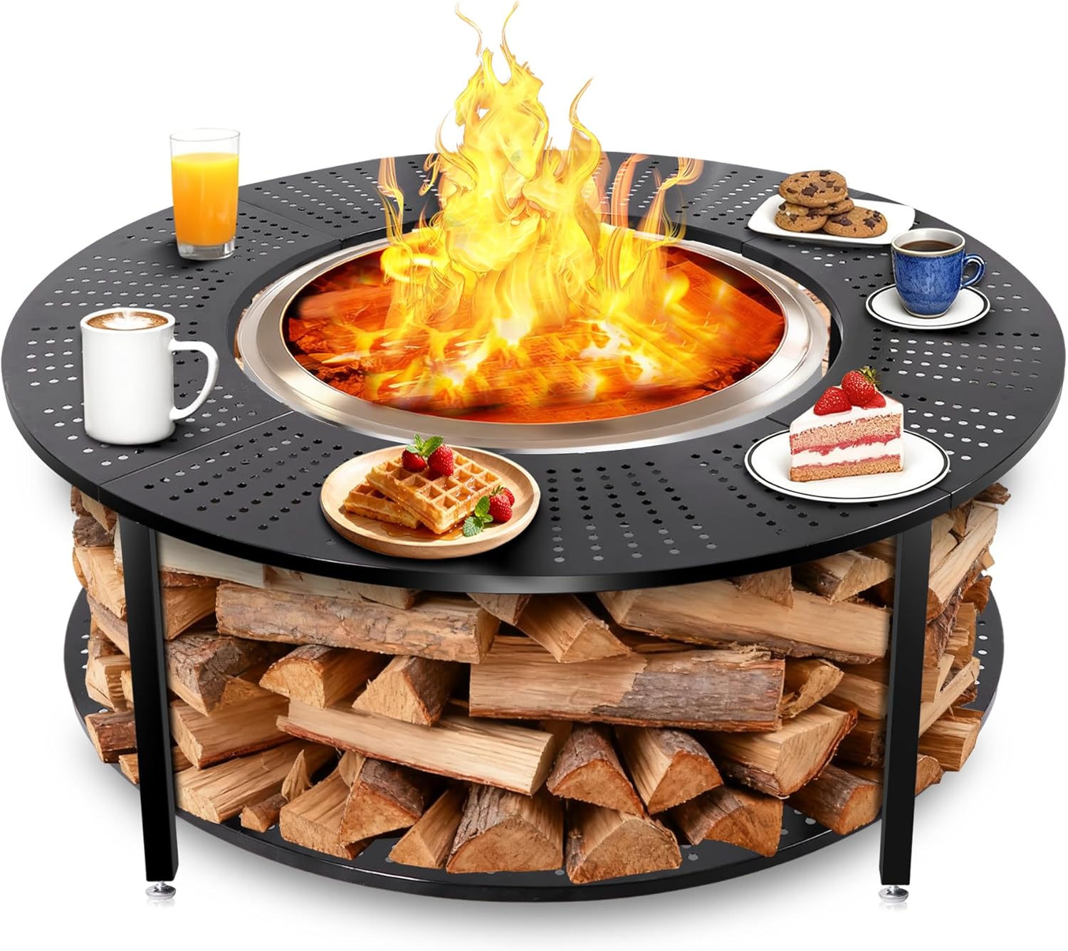 40 Inch Compact Fire Pit Surround Tabletop for Solo Stove Ranger & Tiki 20, Outdoor Patio Stand with Firewood Storage Shelf, Heavy Duty Steel, 200LB Capacity