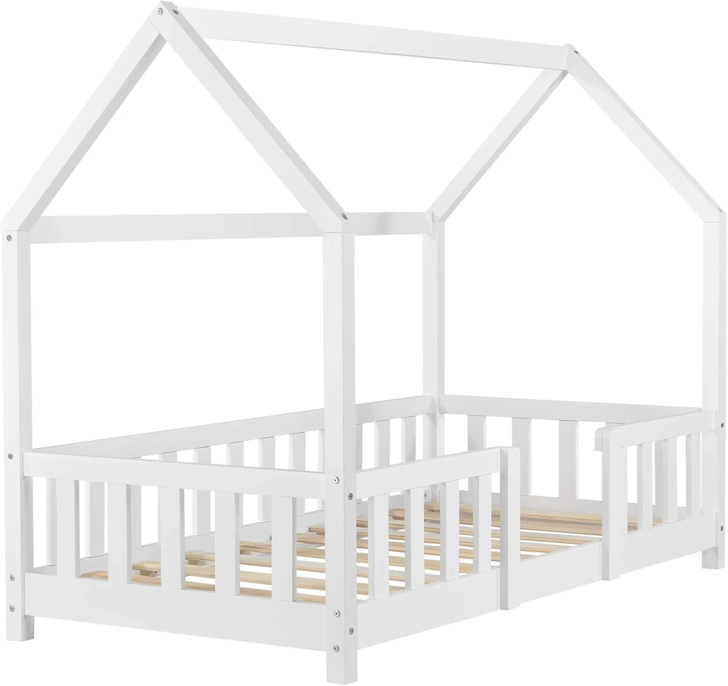 [en.casa] Letto per bambini Sisimiut a capanna 80 x 160 cm con protezione anticaduta letto in legno per bambini letto a terra rete a doghe in legno di pino Bianco opaco
