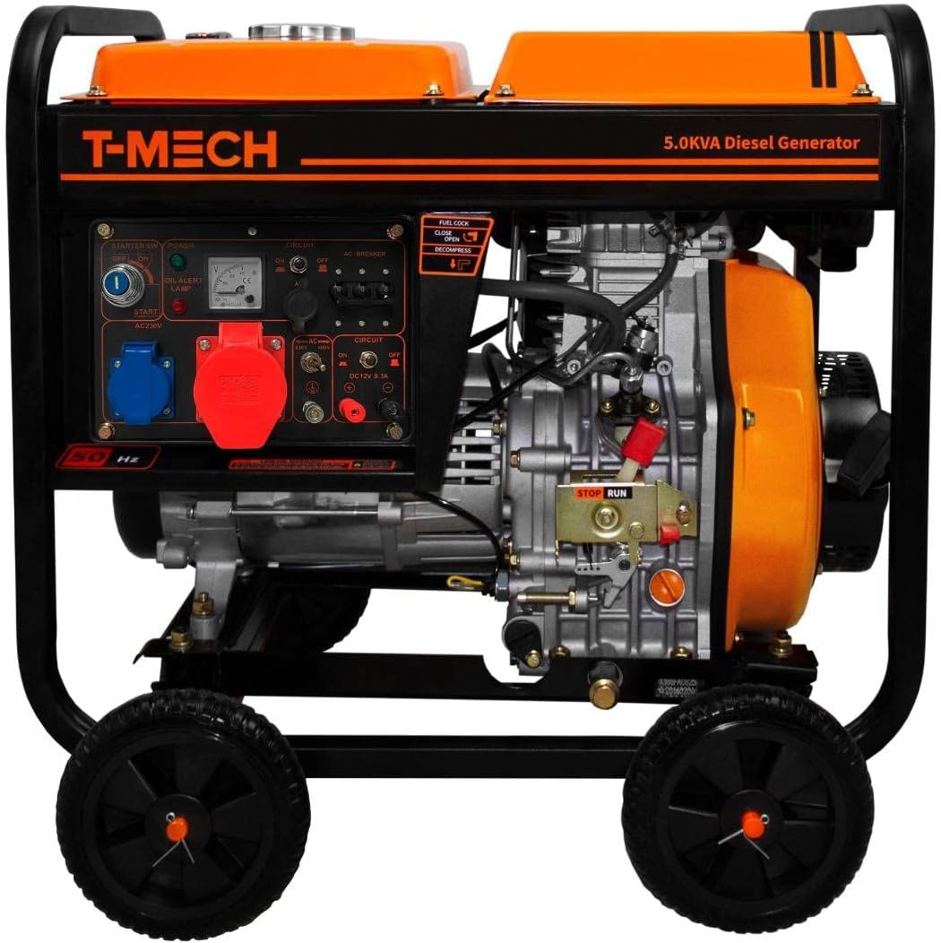 T-Mech 10CV Generatore Portatile Trifase 12.5Lt Diesel 5000W 14 ore di autonomia con meta' Pieno 2 prese da 230V / 400V con 4 ruote facile da trasportare ottimo per Garage Officina Cantiere Campeggio