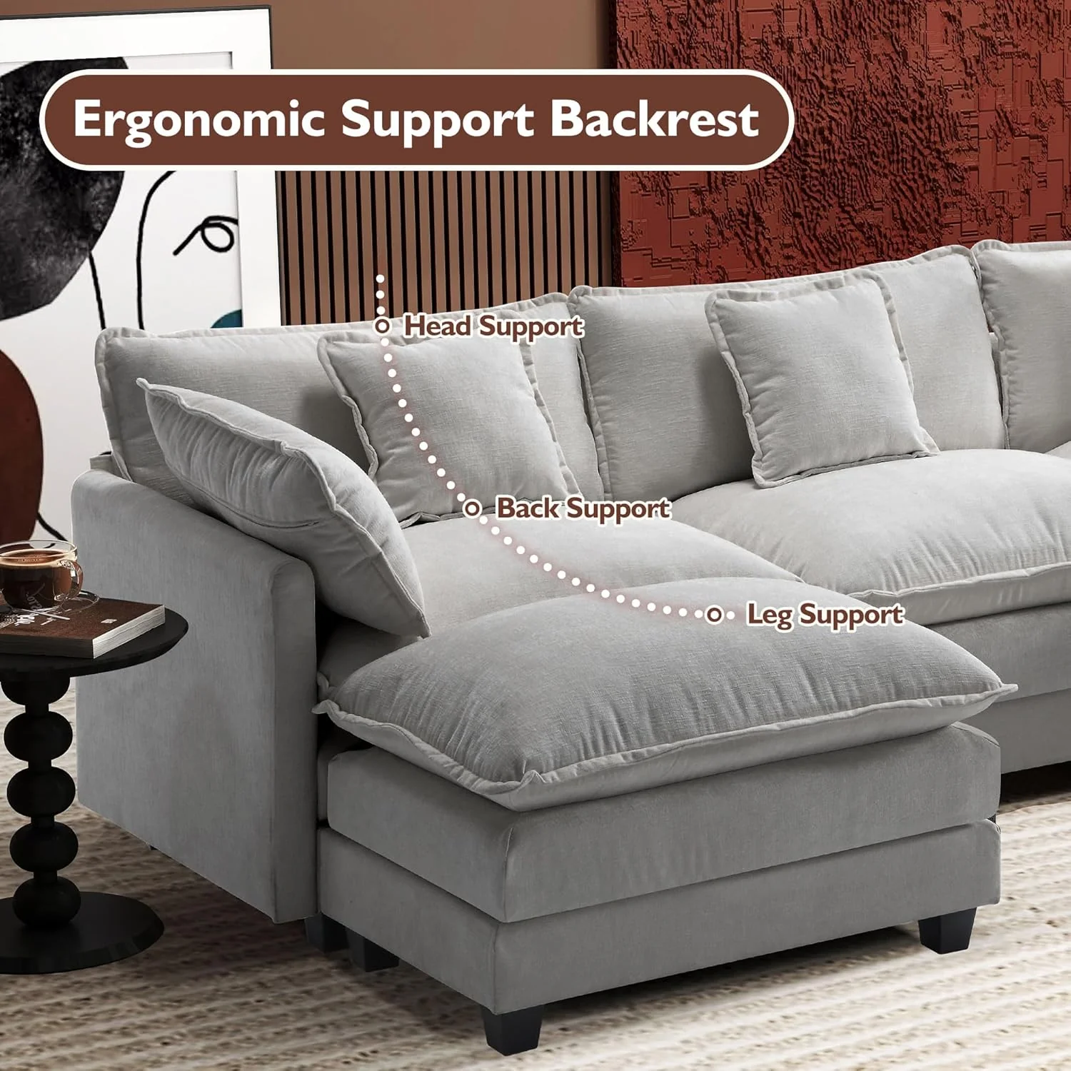 111.4 Inch L-Shaped Modern Sofa Modular Cloud Sofa Ottoman 4-Seater Chenille Deep Seat Sofa