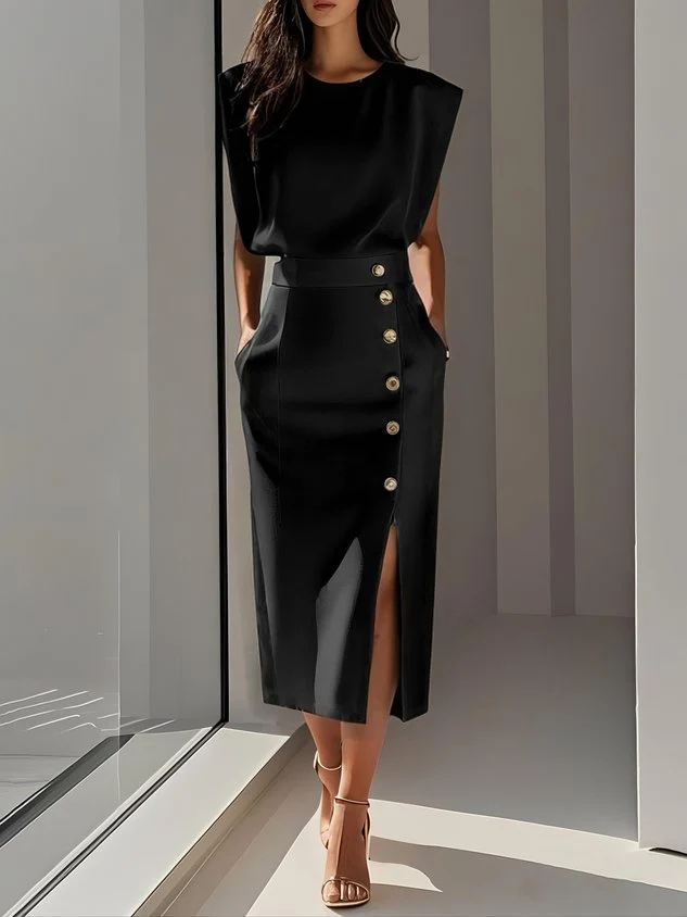 Womena??s Midi Dress Sleeveless Button Front Elegant Style